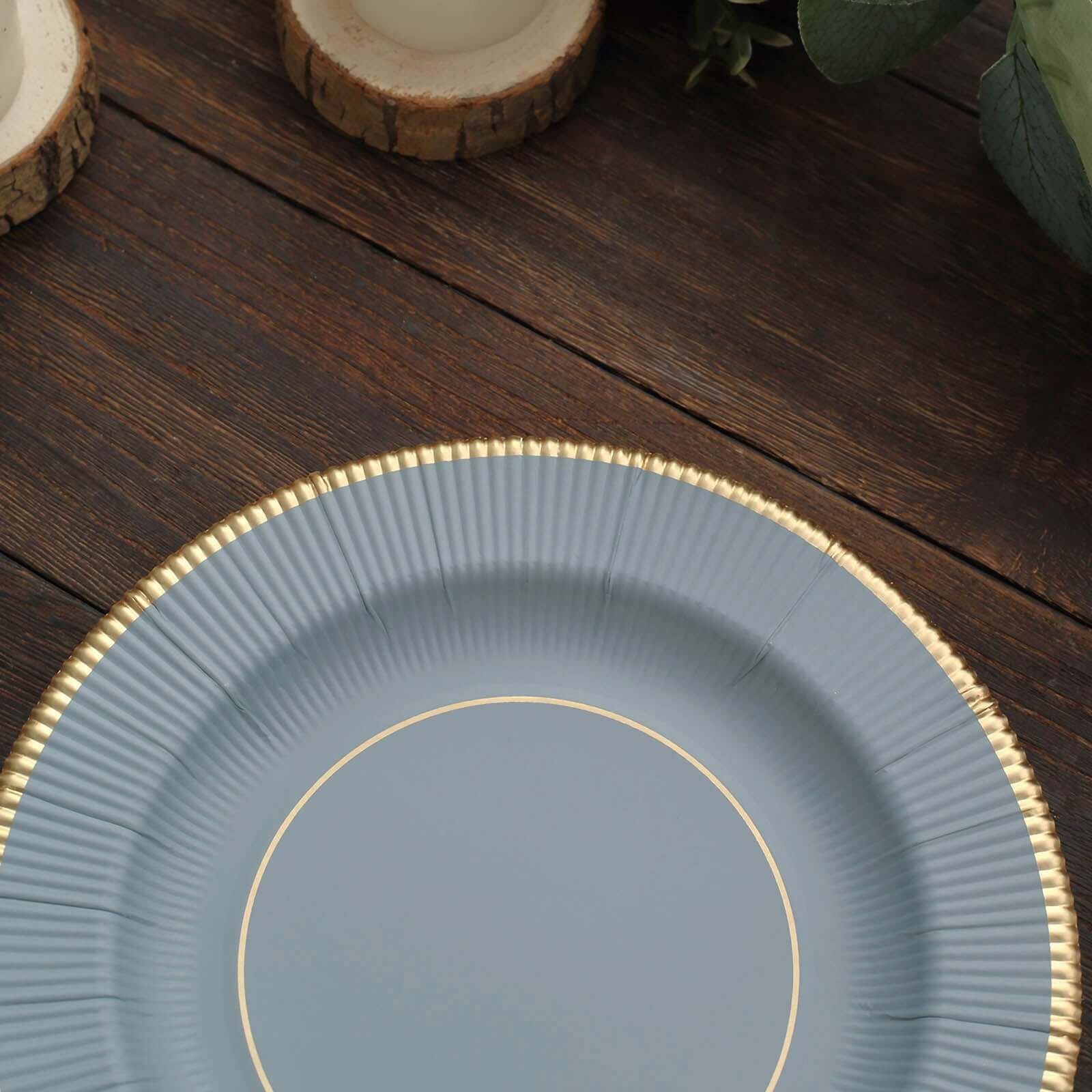 25-Piece Set of 8-Inch Disposable Dusty Blue Sunray Design Paper Dessert Plates with Gold Rim