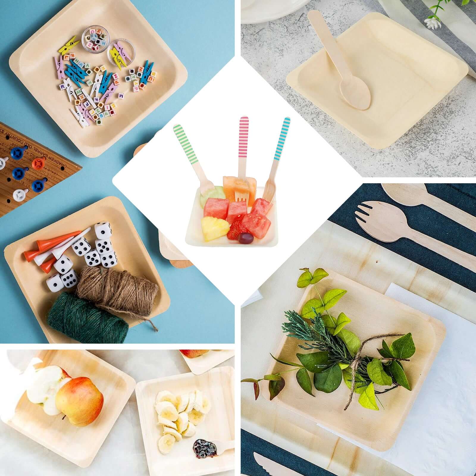 25-Piece Set of 6-Inch Square Eco-Friendly Birchwood Dessert and Appetizer Plates