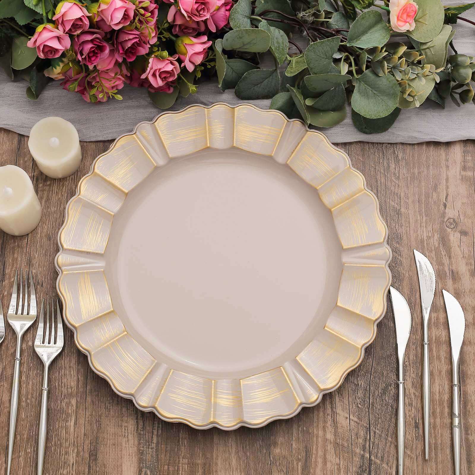 Hot Deal! 6-Pack 13-Inch Nude Taupe Acrylic Round Charger Plates with Gold Brushed Wavy Scalloped Rim for Dinner Parties