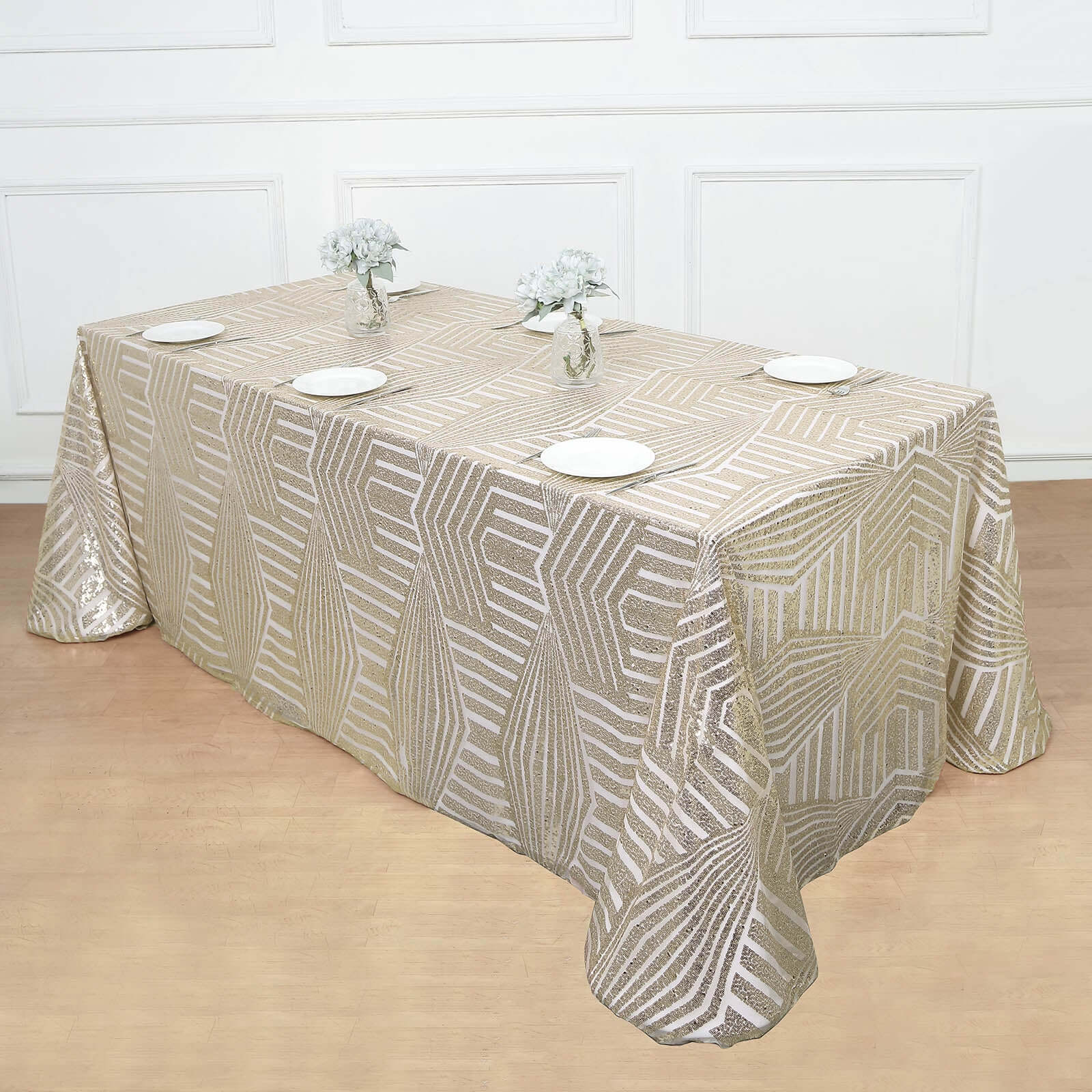 Exclusive Champagne Sequin Rectangle Tablecloth with Diamond Design