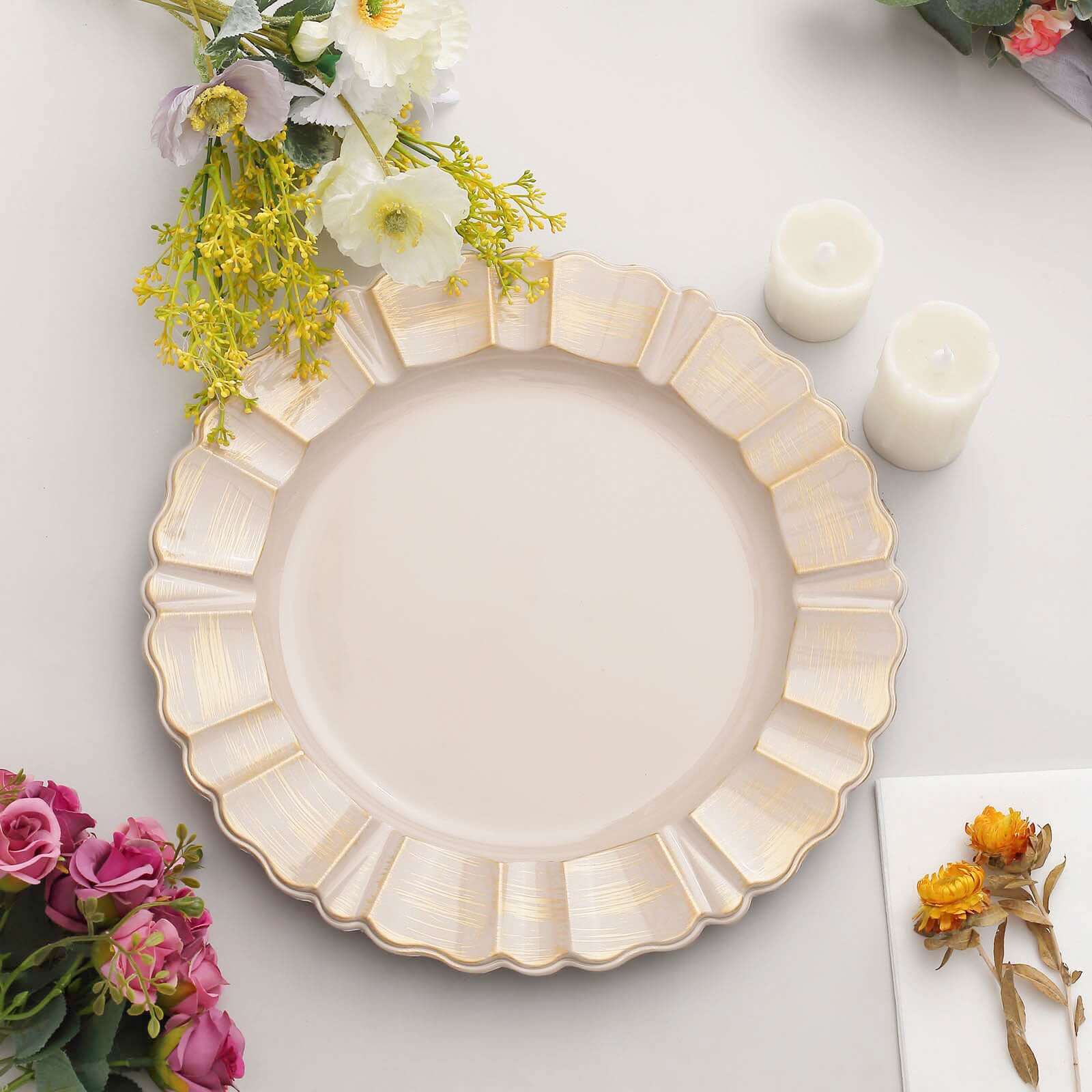 Hot Deal! 6-Pack 13-Inch Nude Taupe Acrylic Round Charger Plates with Gold Brushed Wavy Scalloped Rim for Dinner Parties