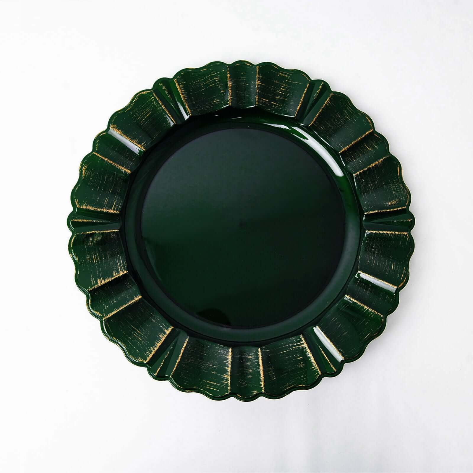 Hot Sale! 6-Pack 13-Inch Hunter Emerald Green Acrylic Plastic Round Charger Plates with Gold Brushed Wavy Scalloped Rim for Dinner Parties