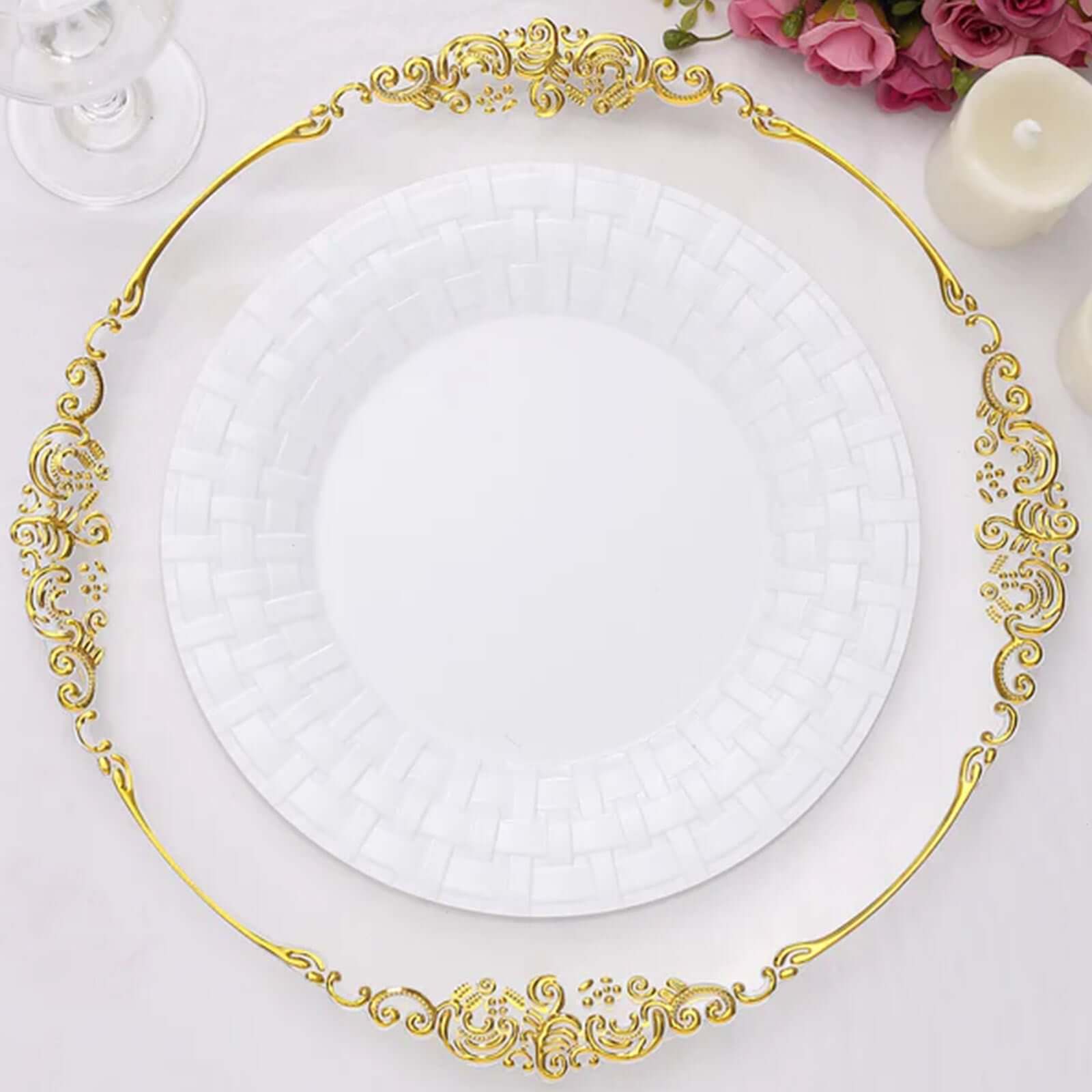 10-Pack Durable Disposable White Basketweave Rim Plastic Dinner Plates, 10