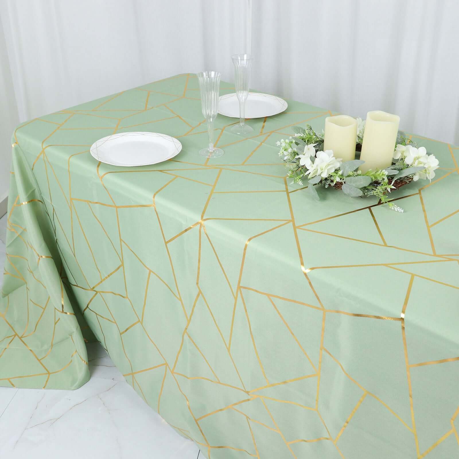 Hot! Wrinkle-Resistant Sage Green Polyester Tablecloth with Gold Foil Geometric Pattern, 90x132