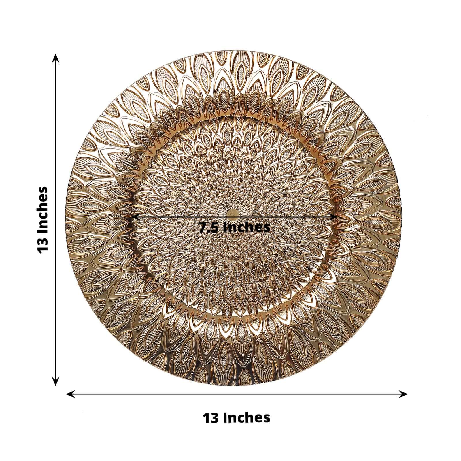 Hot Sale! 6-Piece Set of 13-Inch Gold Plastic Charger Plates with Embossed Peacock Design