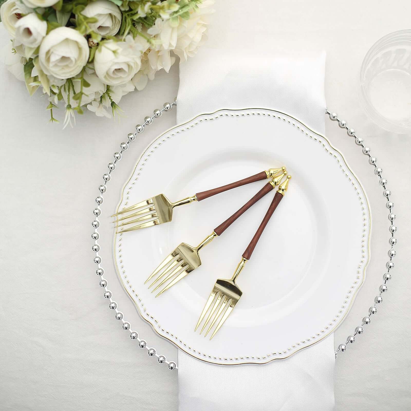 24-Pack Gold/Brown European-Style Disposable Dessert Forks with Roman Column Handles