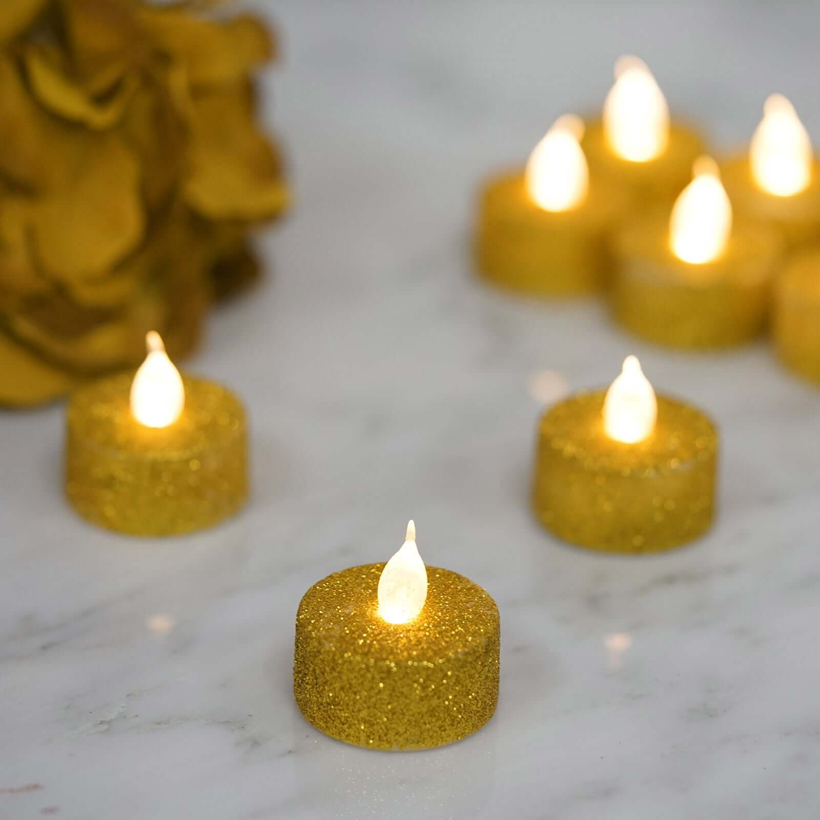 Hot Sale! 12-Pack Flameless LED Tealight Candles with Glittery Gold Design, Battery Operated