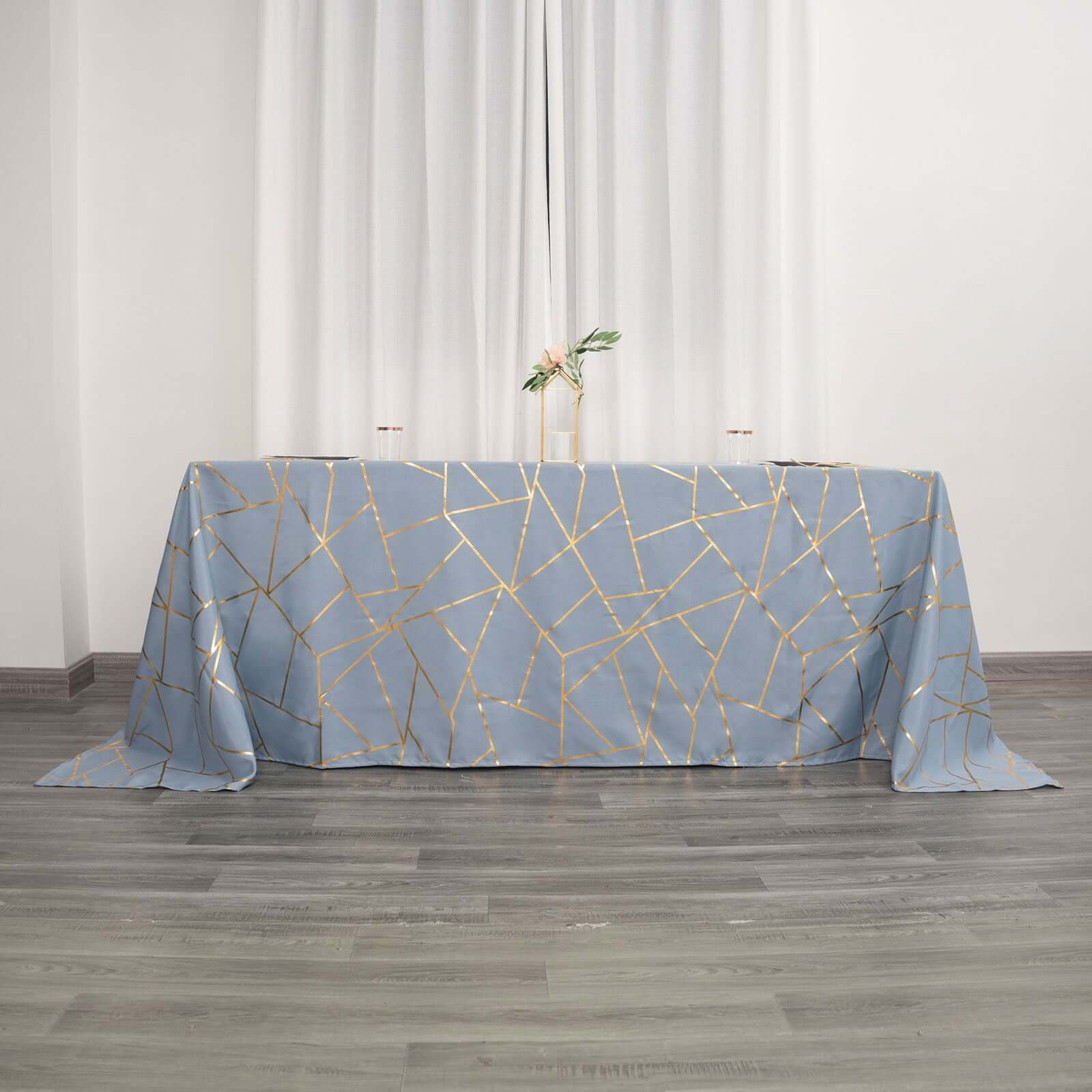 Exclusive! Wrinkle-Resistant Polyester Tablecloth in Dusty Blue with Gold Foil Pattern for Weddings & Events