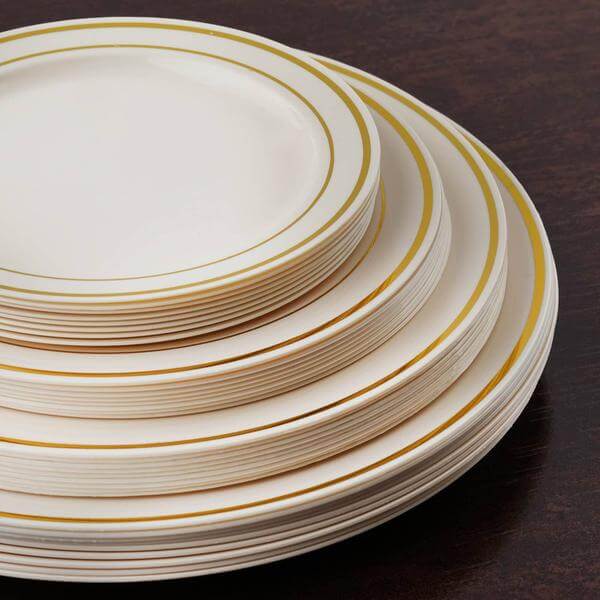 10-Piece Set of Disposable Ivory Plastic Dessert Plates with Stylish Gold Rim, 8 Inches