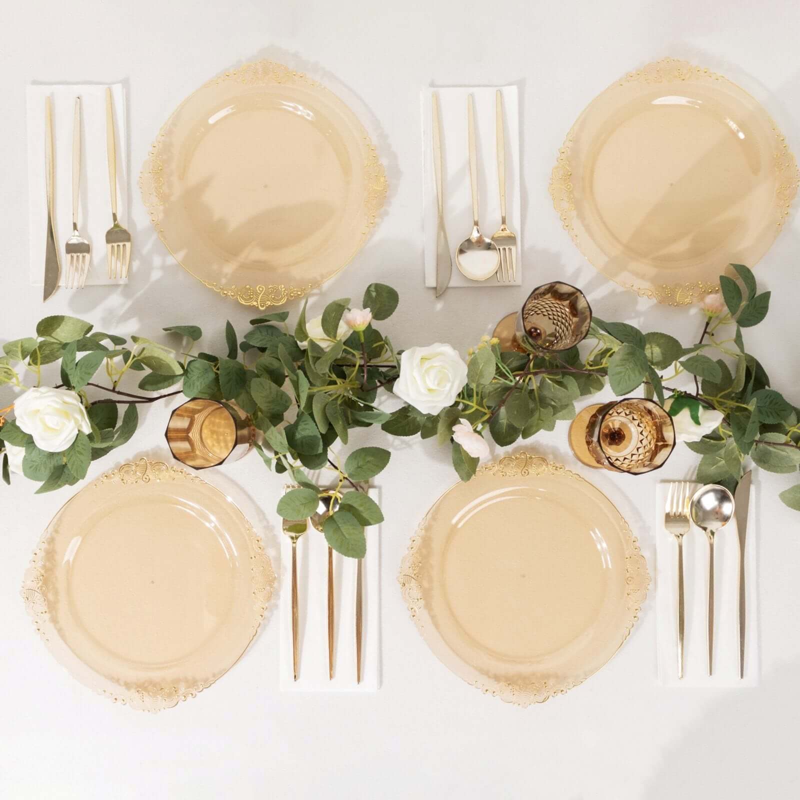 10-Pack Disposable Plastic Round Dinner Plates in Transparent Amber Gold with Gold Leaf Rim