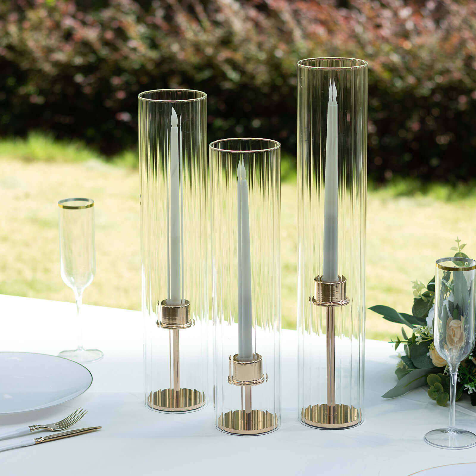 Stylish Set of 3 Clear Ribbed Glass Hurricane Shades for Candles - 15', 17', 19'
