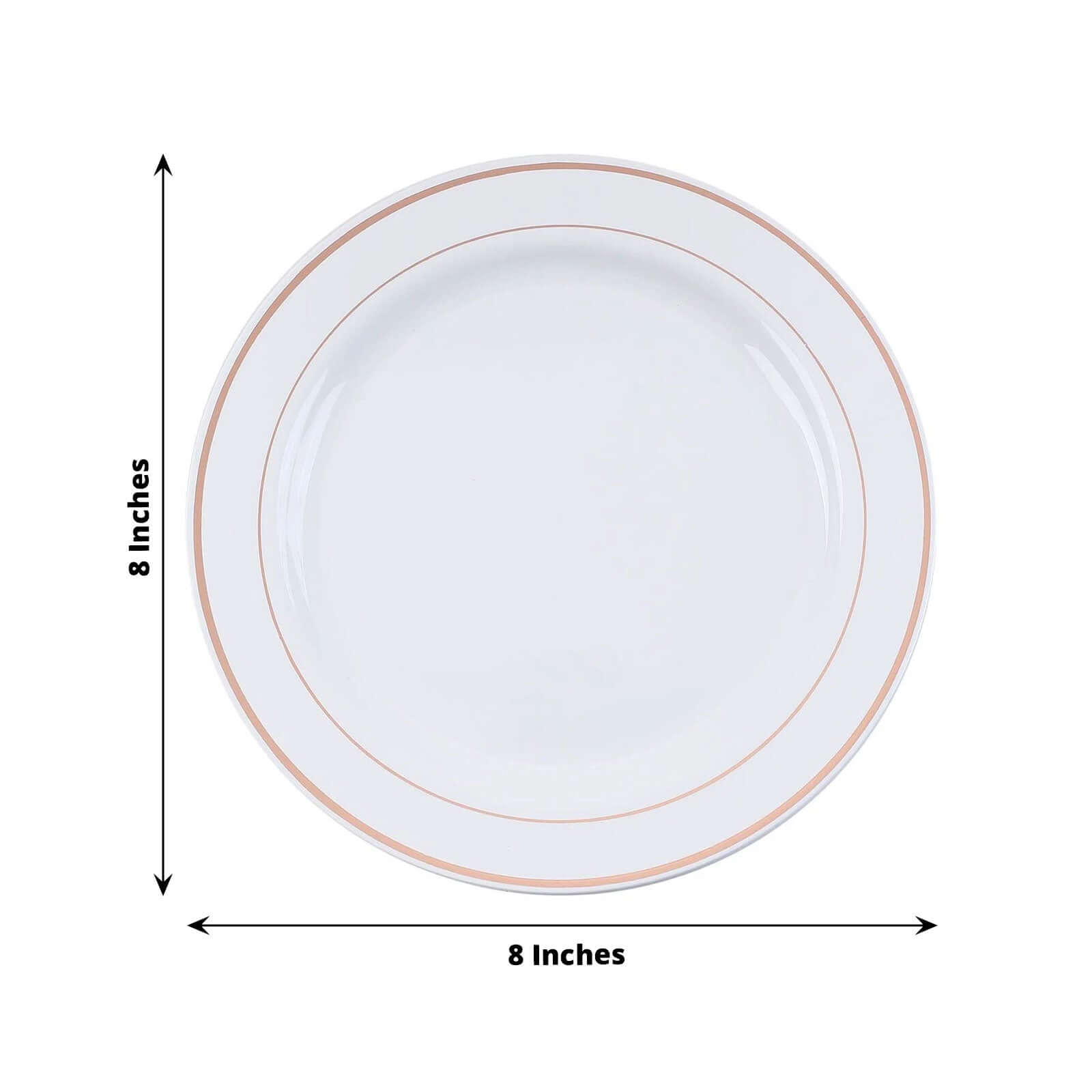 10-Piece Set of White Disposable Plastic Dessert Plates with Stylish Rose Gold Rim, 8 Inches