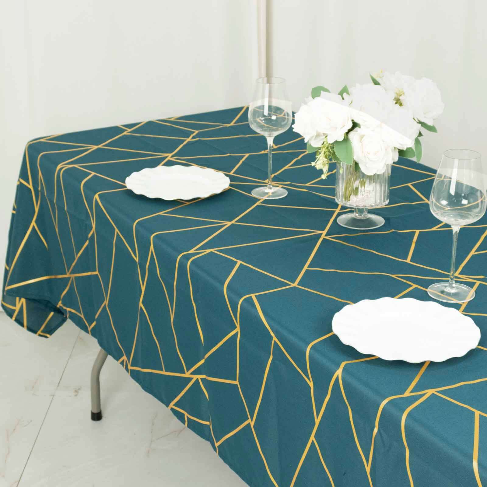 Wrinkle-Resistant & Durable Polyester Tablecloth: 60x102 Rectangle in Peacock Teal with Gold Foil Geometric Pattern