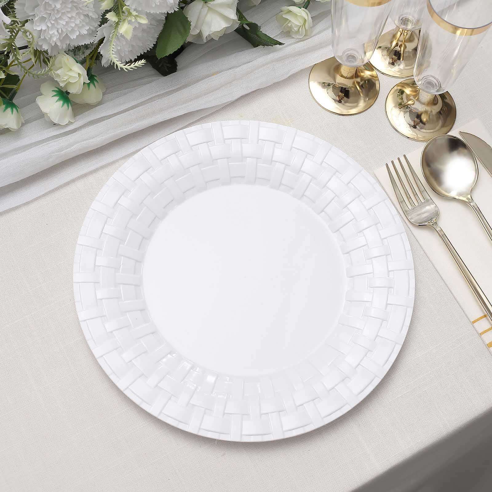 10-Pack Durable Disposable White Basketweave Rim Plastic Dinner Plates, 10"