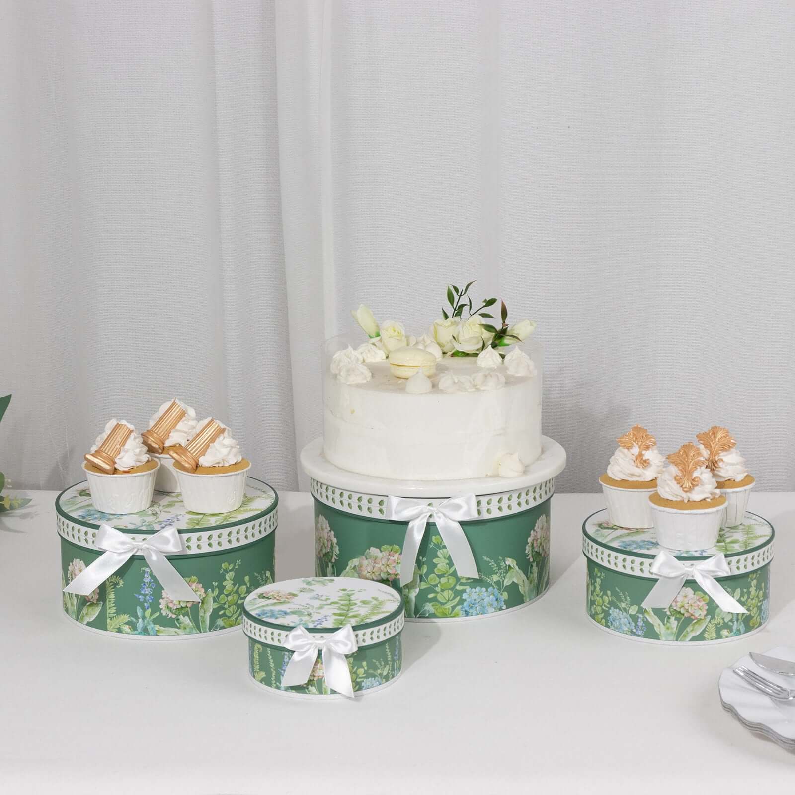 4-Piece Set of Greenery-Themed Cardstock Round Nesting Gift Boxes with Lids