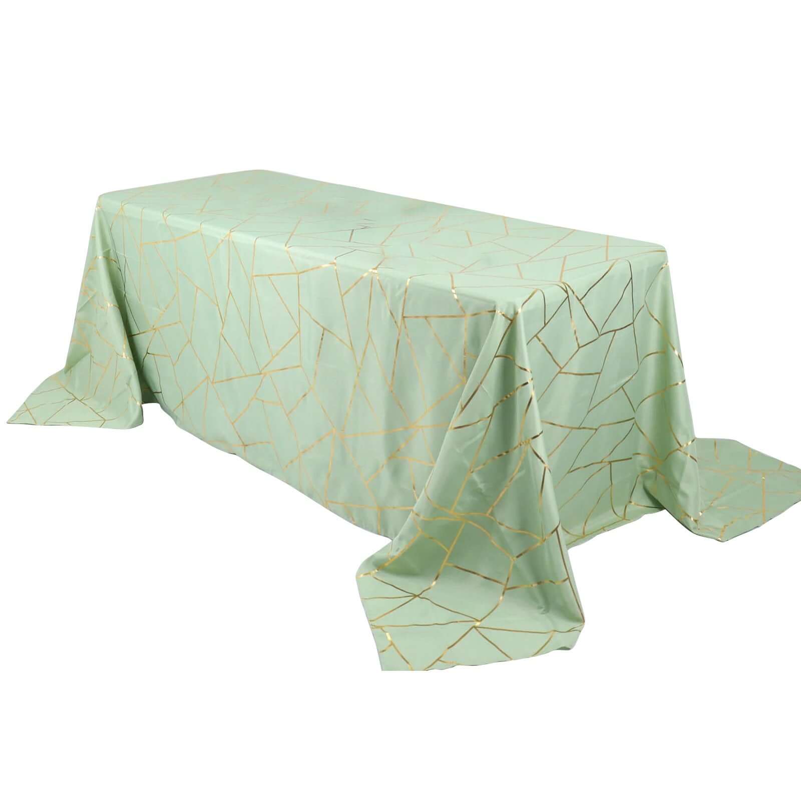 Hot! Wrinkle-Resistant Sage Green Polyester Tablecloth with Gold Foil Geometric Pattern, 90x132
