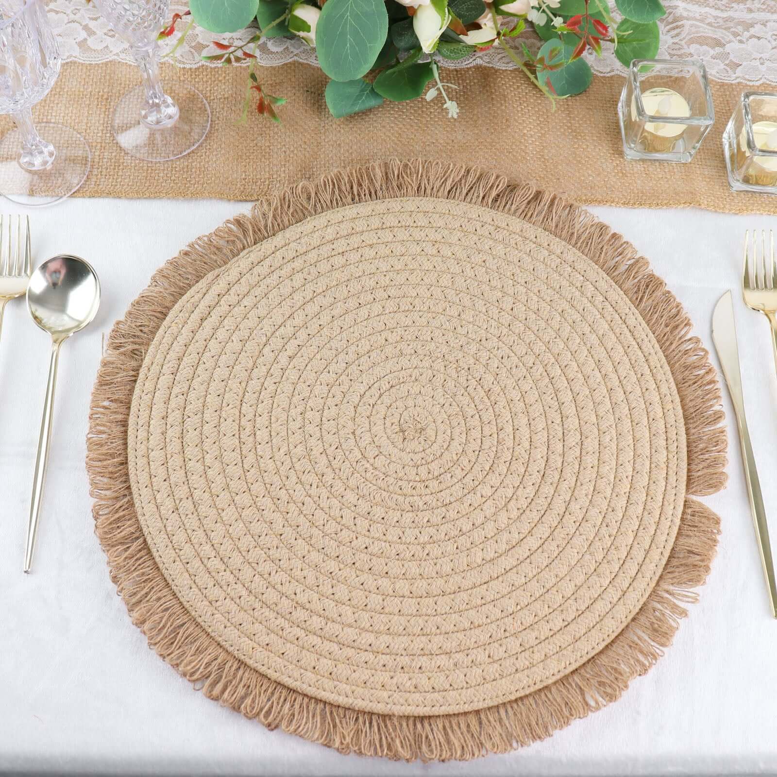 4-Pack Natural Rustic Burlap Jute Round Placemats with Fringed Edge - Farmhouse Style Table Decor