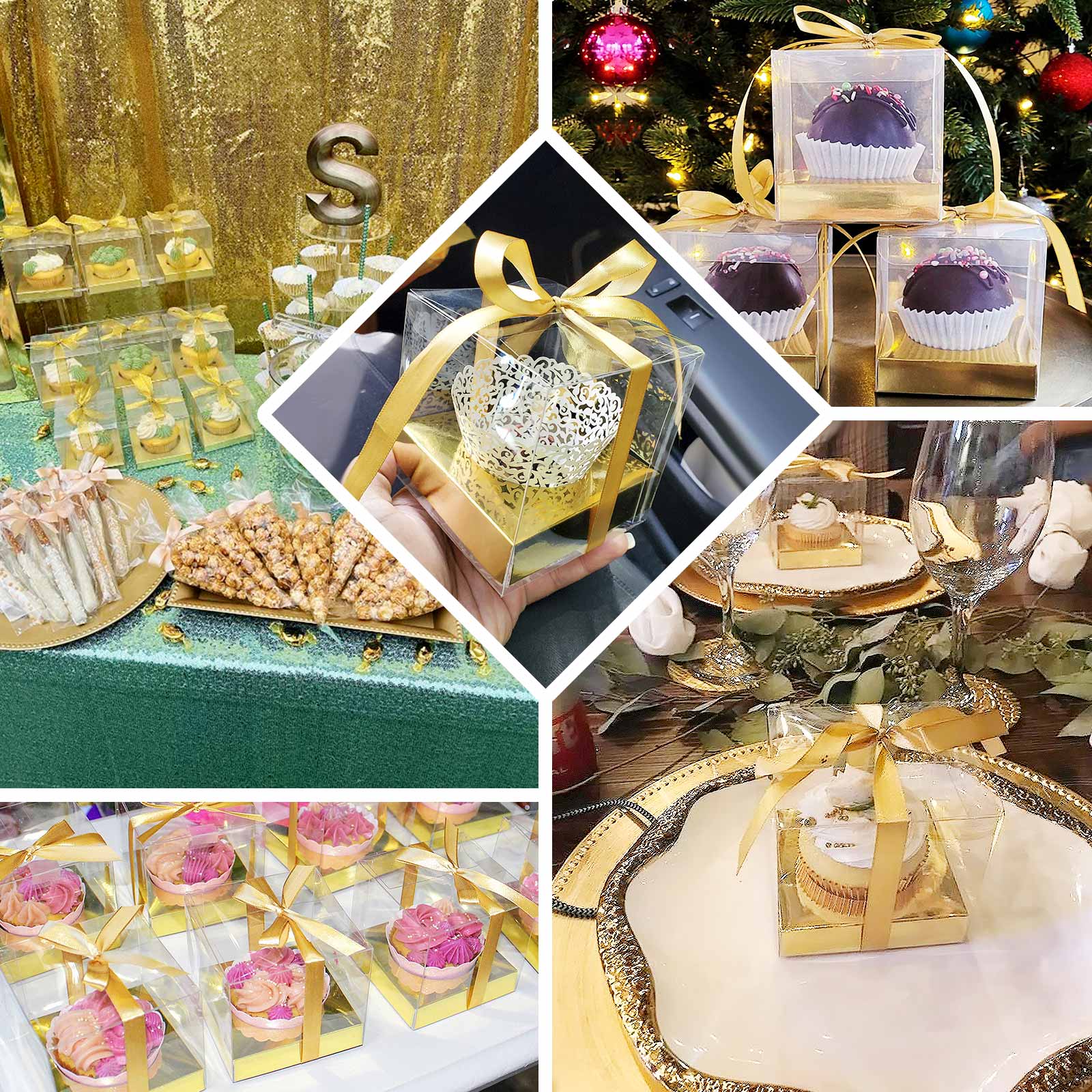 Hot Sale! 12-Pack 3.5-Inch Clear & Gold Disposable Plastic Cupcake Boxes with Ribbon for Weddings and Parties