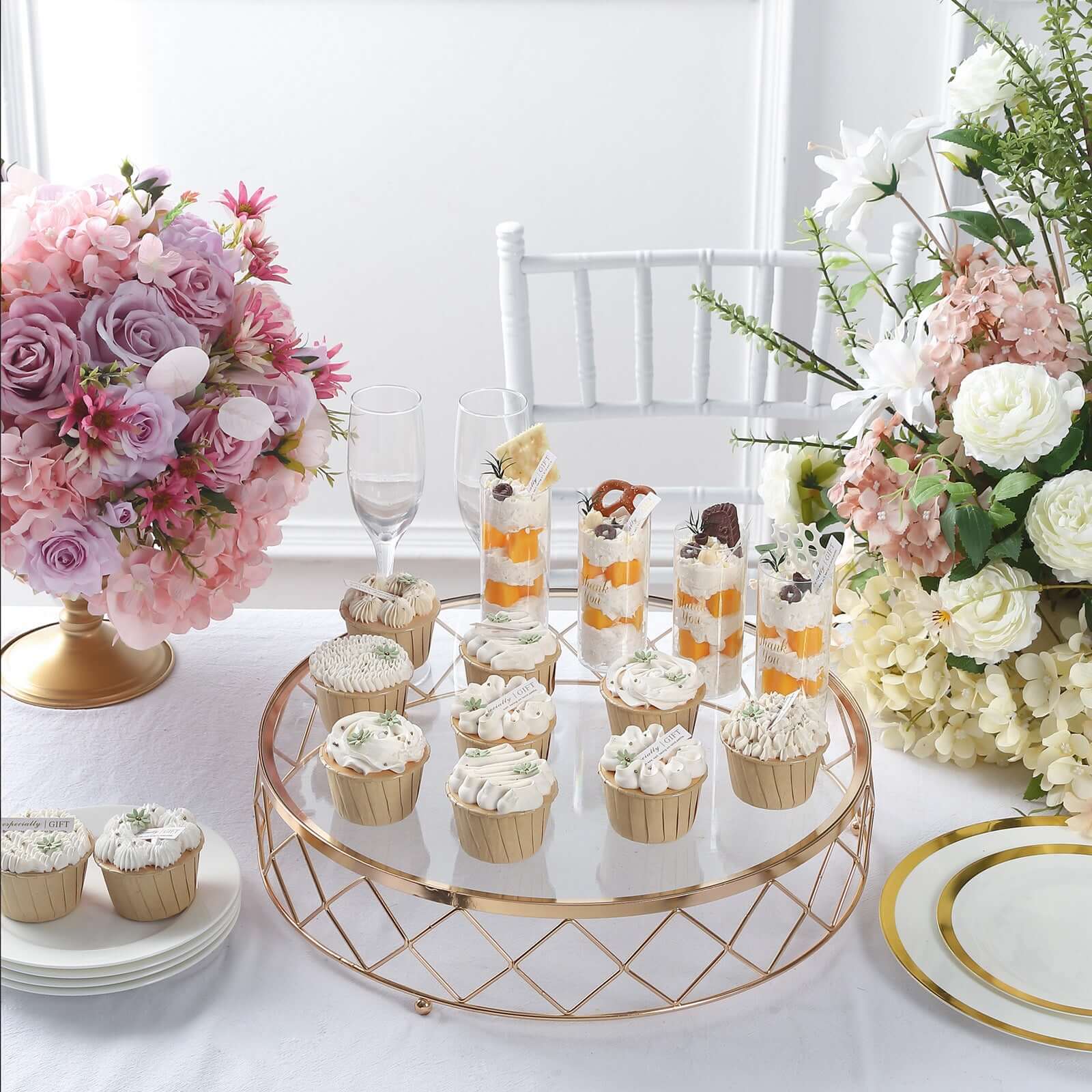14-Inch Gold Metal Cake Stand with Geometric Diamond Cut Design and Glass Top for Dessert Display