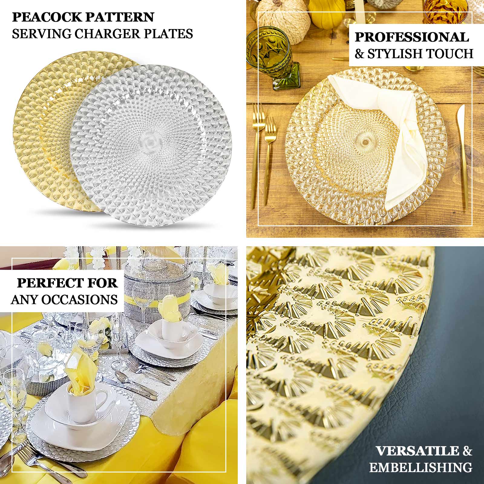 Set of 6 Gold Plastic Round Charger Plates with Peacock Pattern, 13-inch for Elegant Dinner Parties