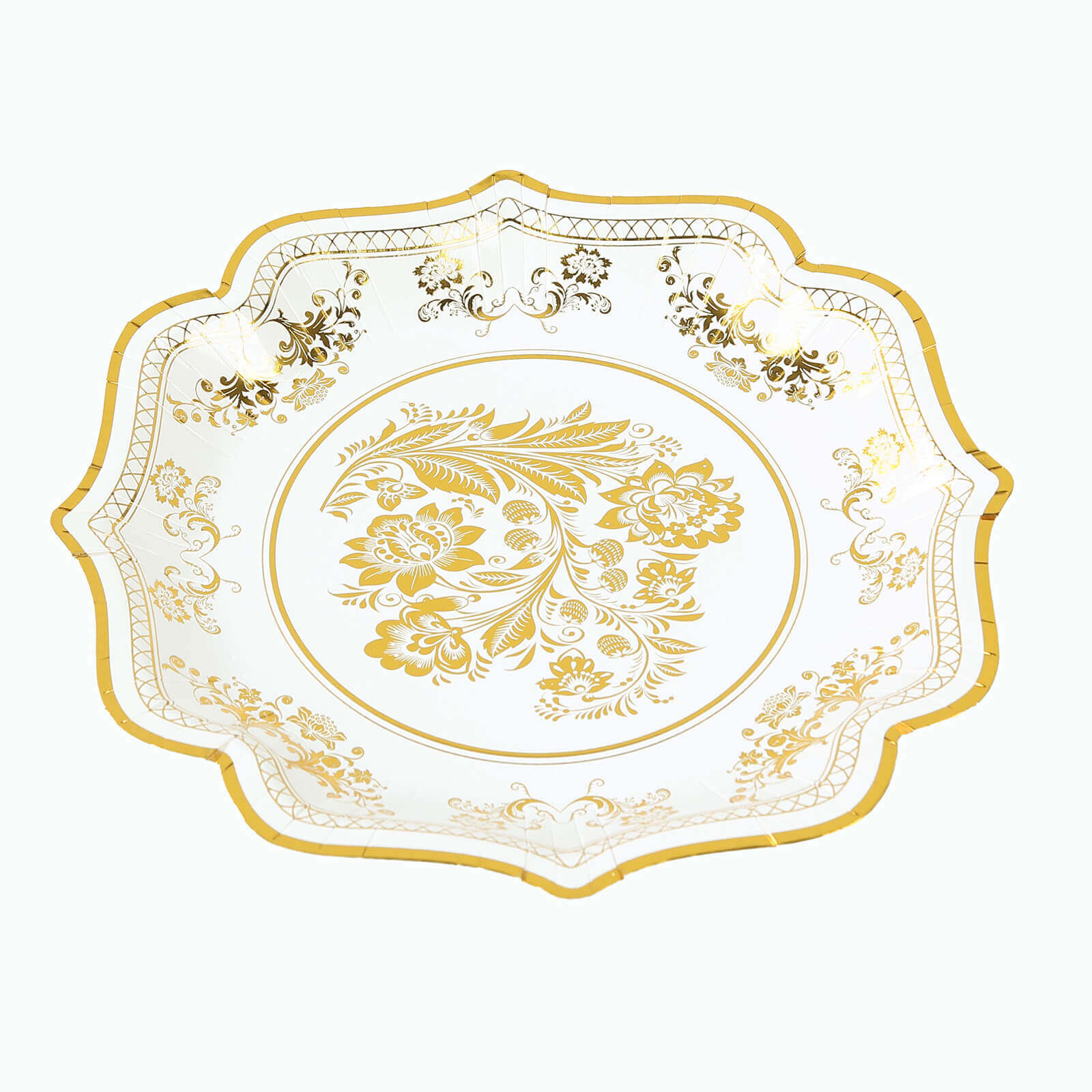 25-Piece Set of Elegant White and Gold Damask Floral Disposable Paper Dinner Plates, 10-Inch Size