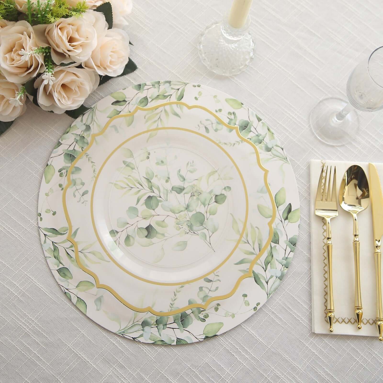 Hot Deal! 6-Pack 13-Inch Disposable Charger Plates with Eucalyptus Leaves Print, 700GSM Floral Paper Chargers