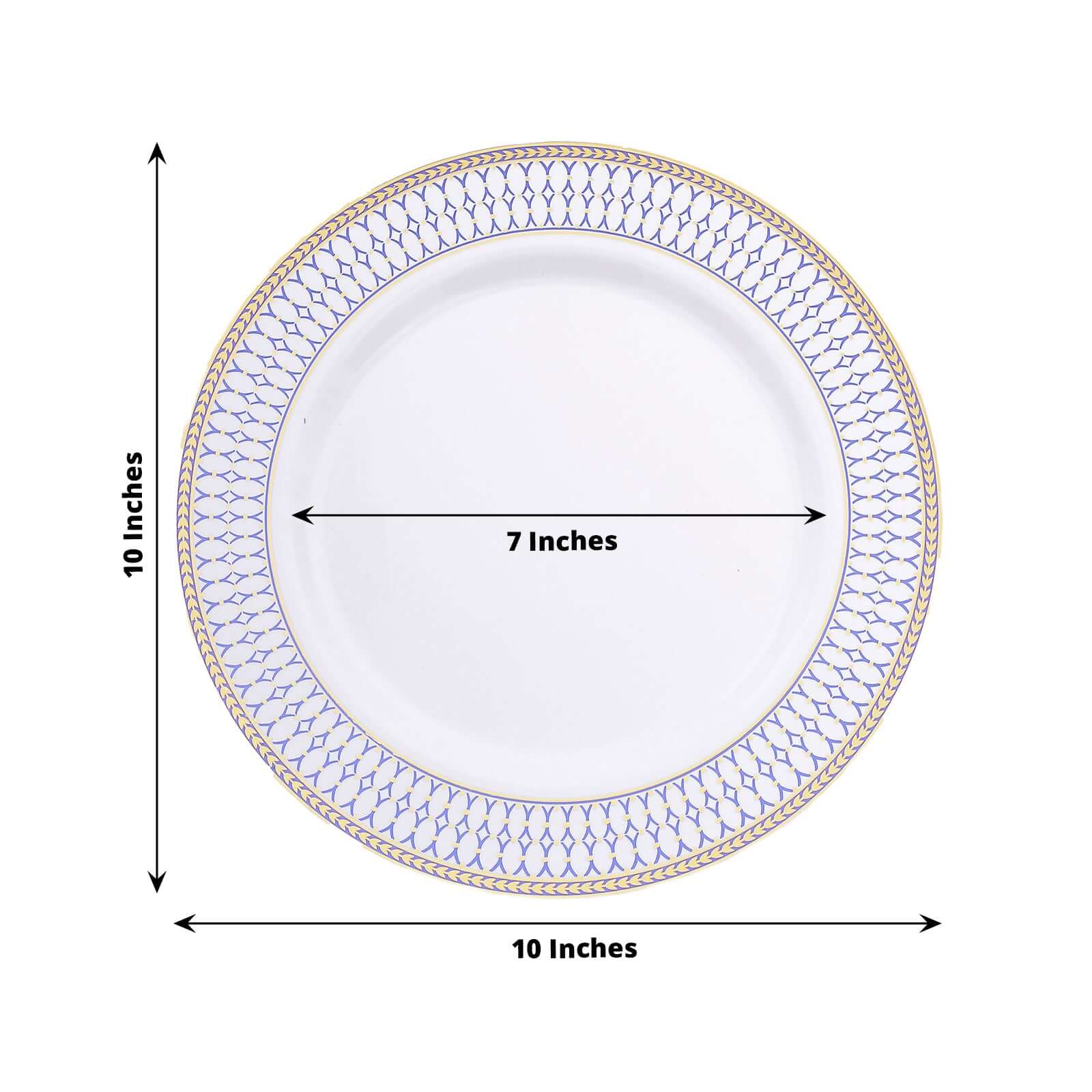 10-Pack White Disposable Dinner Plates with Gold and Navy Blue Chord Rim - Renaissance Style for Events