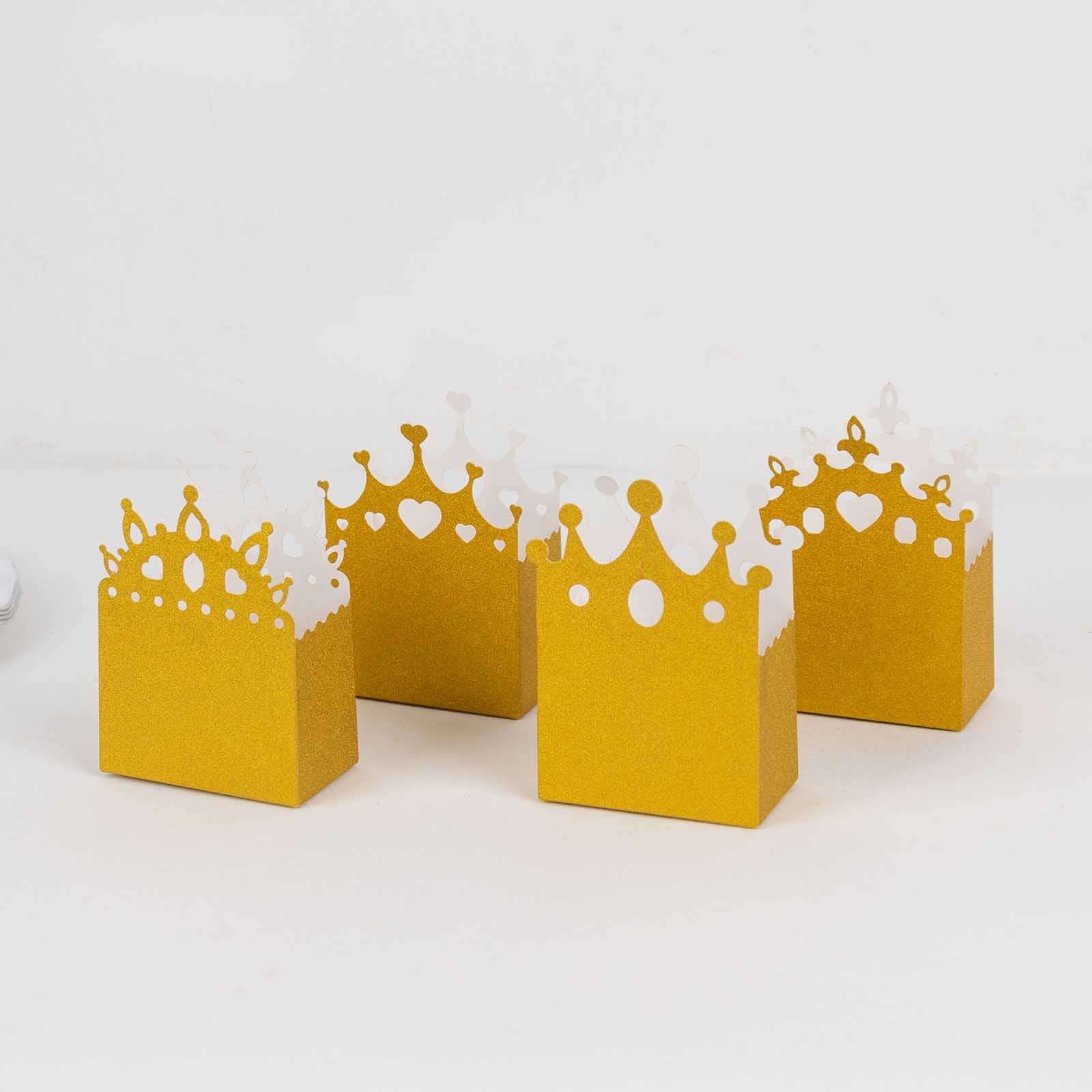 20-Pack Gold Glitter Princess Crown Cardstock Favor Boxes - Ideal for Weddings, Birthdays & Showers