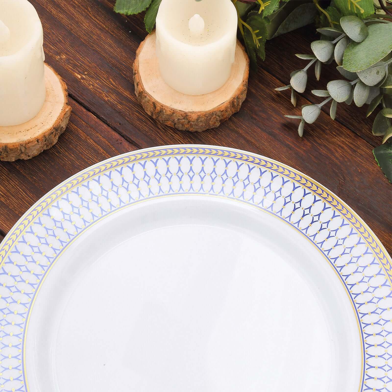 10-Pack White Disposable Dinner Plates with Gold and Navy Blue Chord Rim - Renaissance Style for Events
