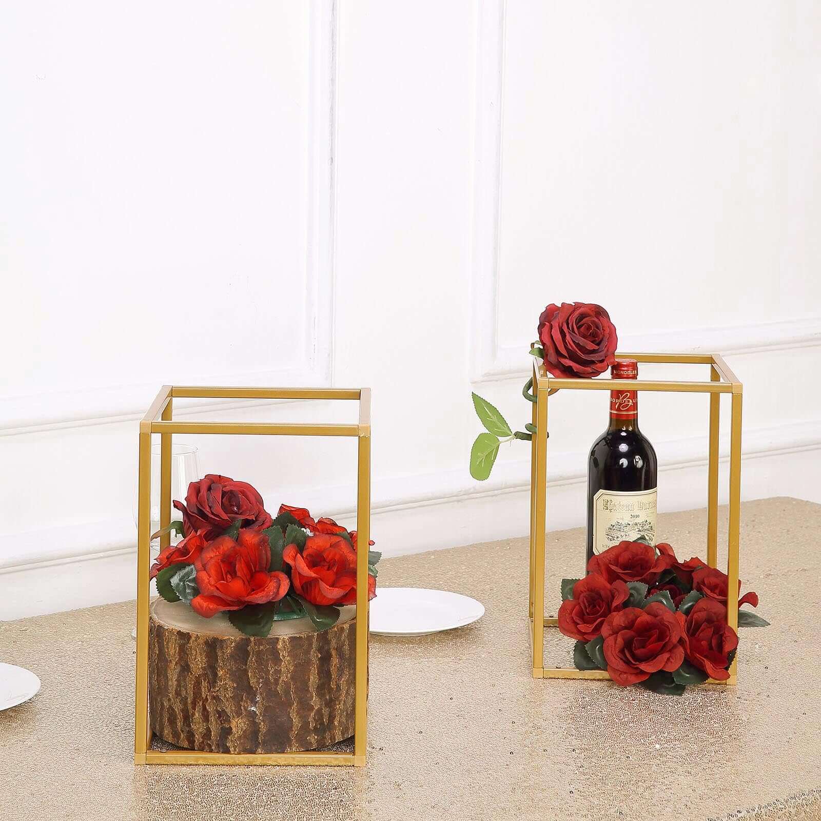 2-Pack Gold Metal Rectangular Geometric Column Frame Wedding Flower Stand - Ideal for Elegant Arrangements