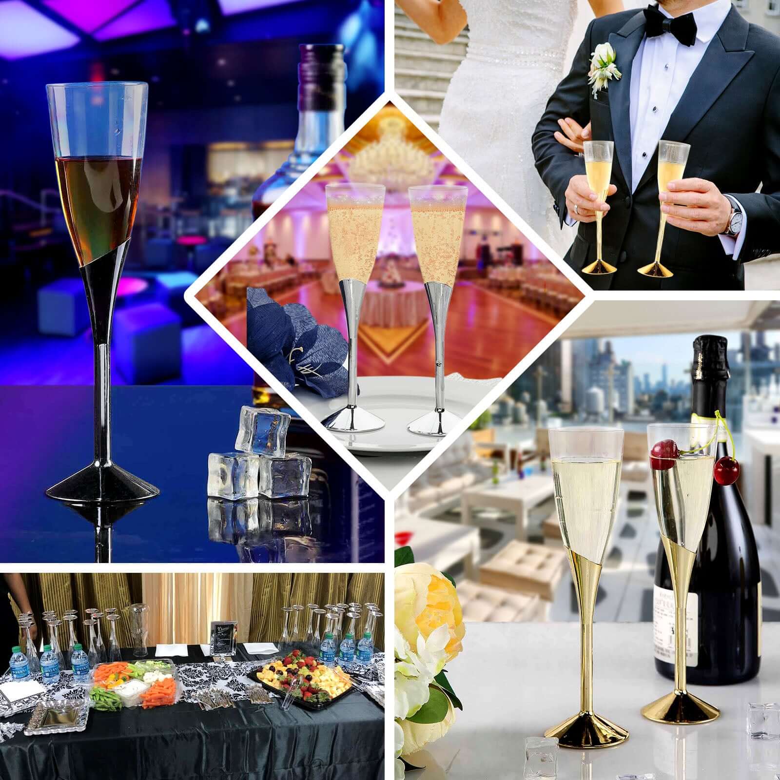 Amazing 6-Pack Disposable Plastic Champagne Flutes, 5oz Clear with Gold Base for Toasts