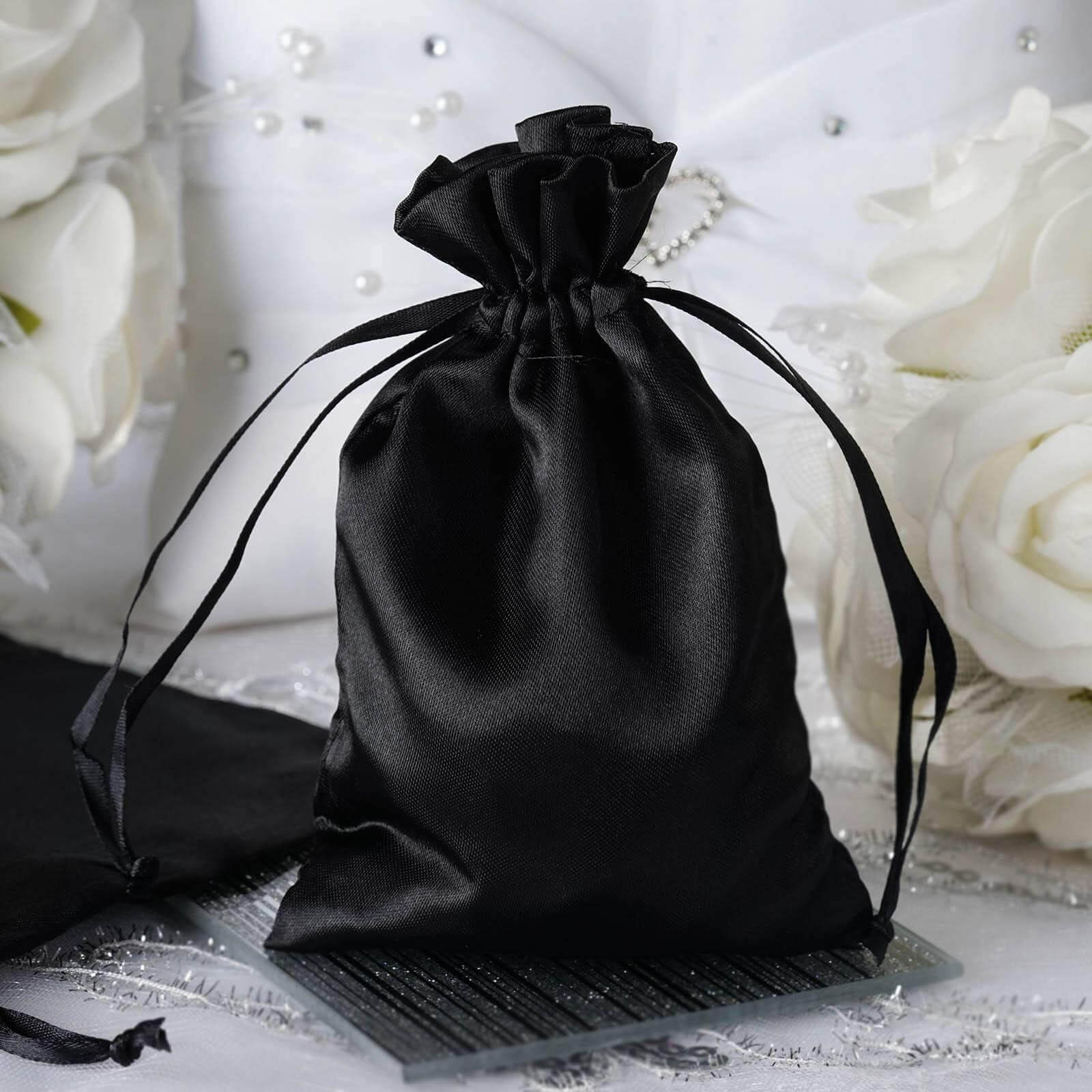 12-Piece Set of 4x6 Black Satin Drawstring Party Favor Bags for Weddings and More