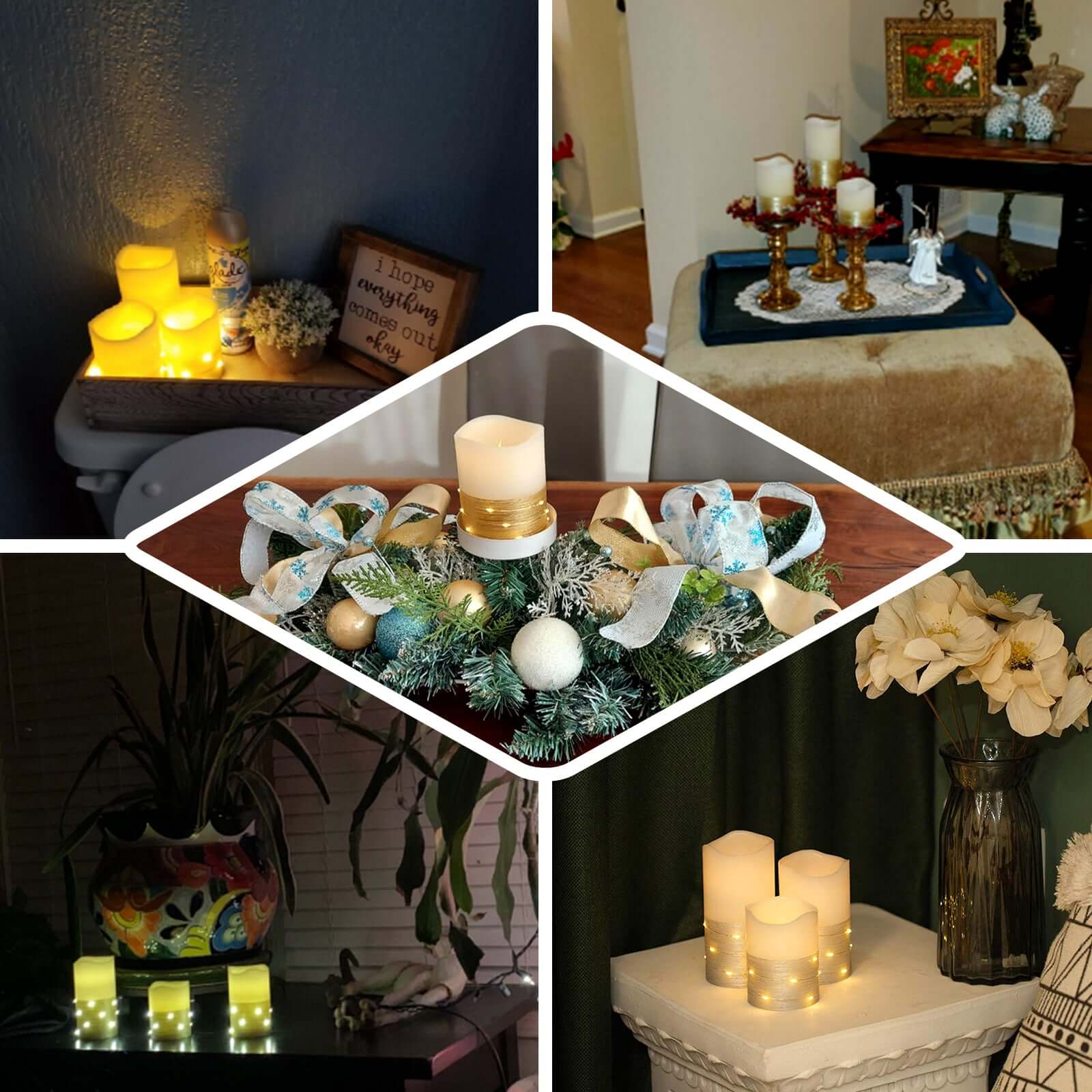 Remote-Controlled Set of 3 Gold LED Flameless Pillar Candles with Fairy String Lights (4', 5', 6')