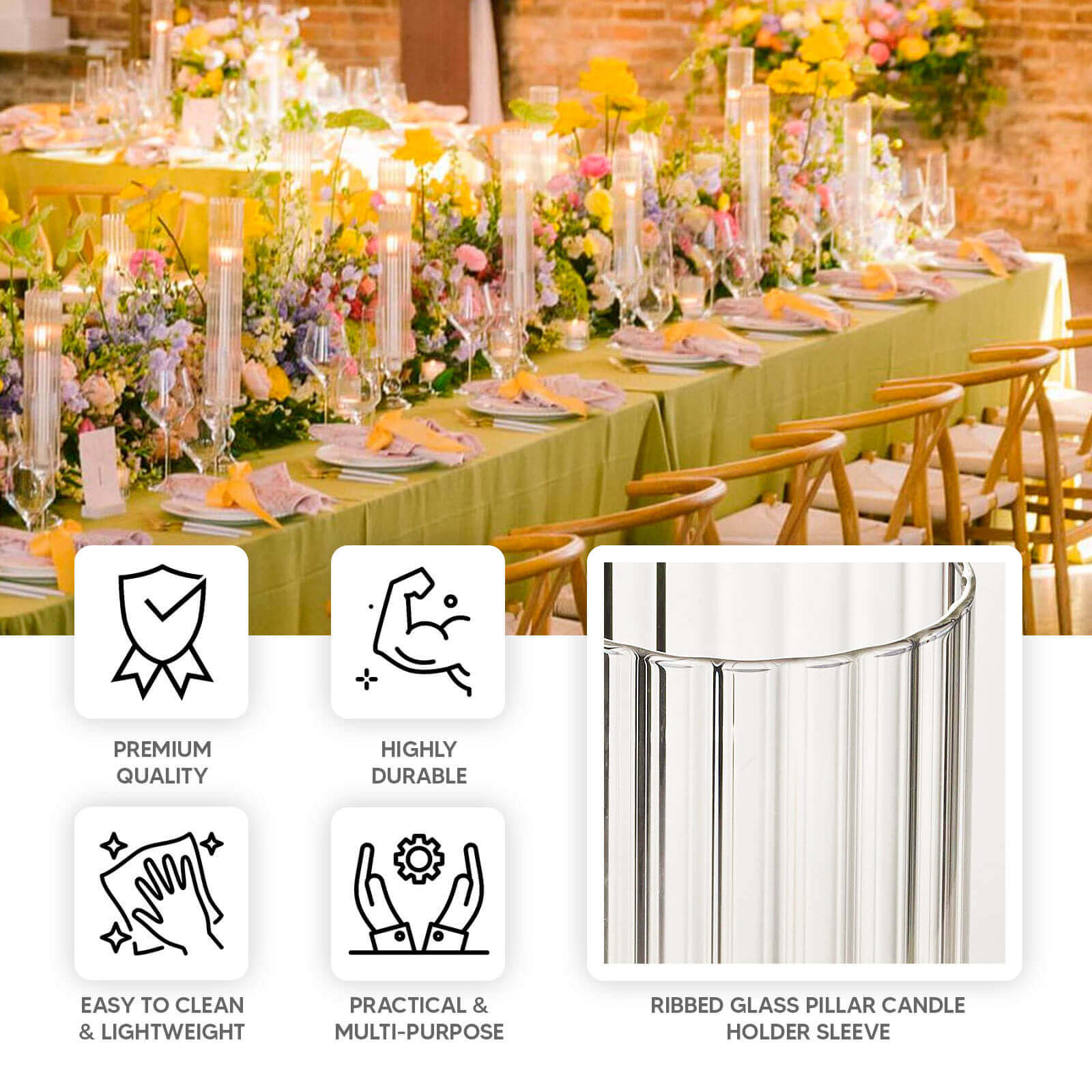 Stylish Set of 3 Clear Ribbed Glass Hurricane Shades for Candles - 15', 17', 19'