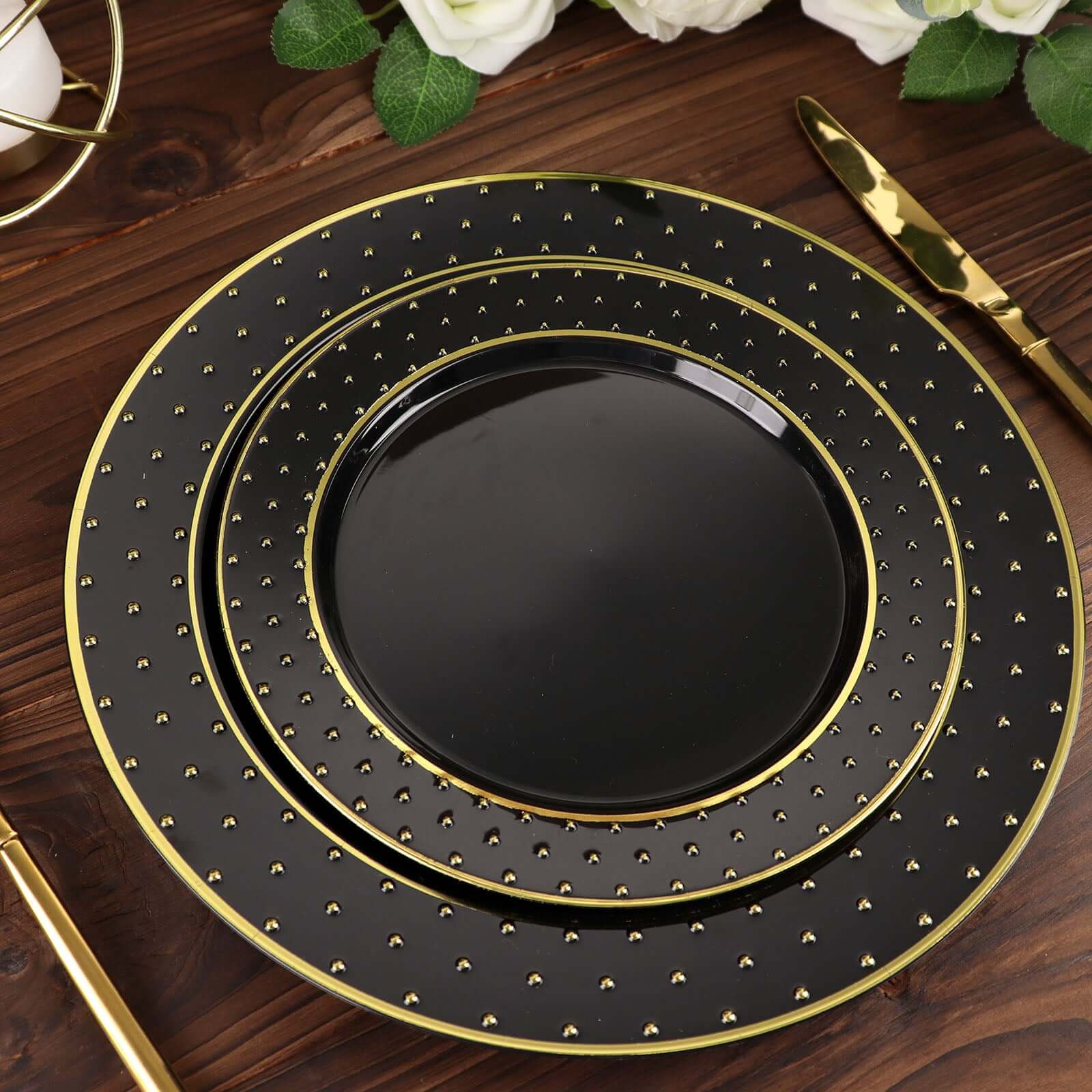 Get 10-Pack Durable Disposable Black Plastic Dessert Plates with Gold 3D Dotted Rim for Events