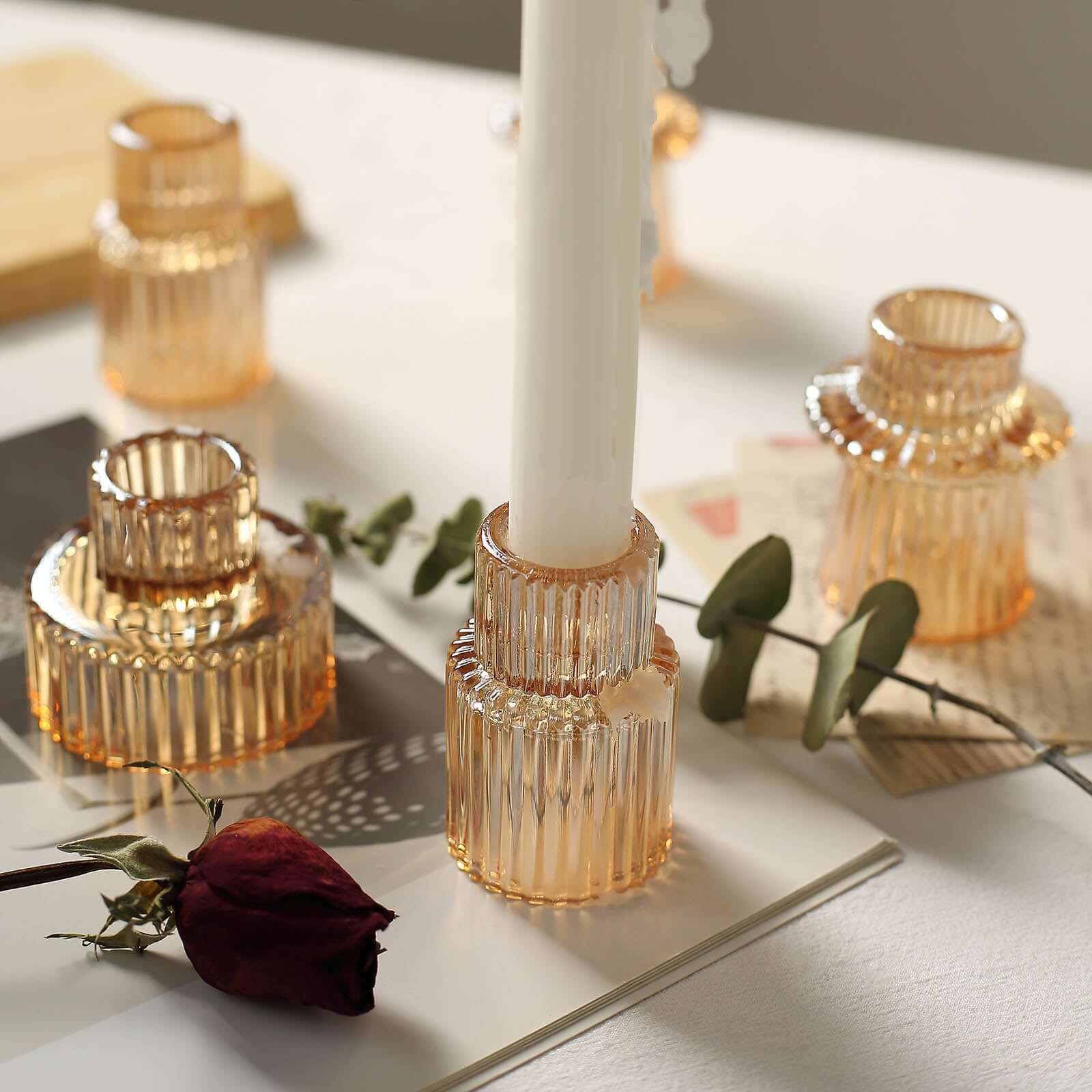 Hot Sale! Set of 6 Amber Gold Glass Taper Candle Holders with Ribbed Crystal Design
