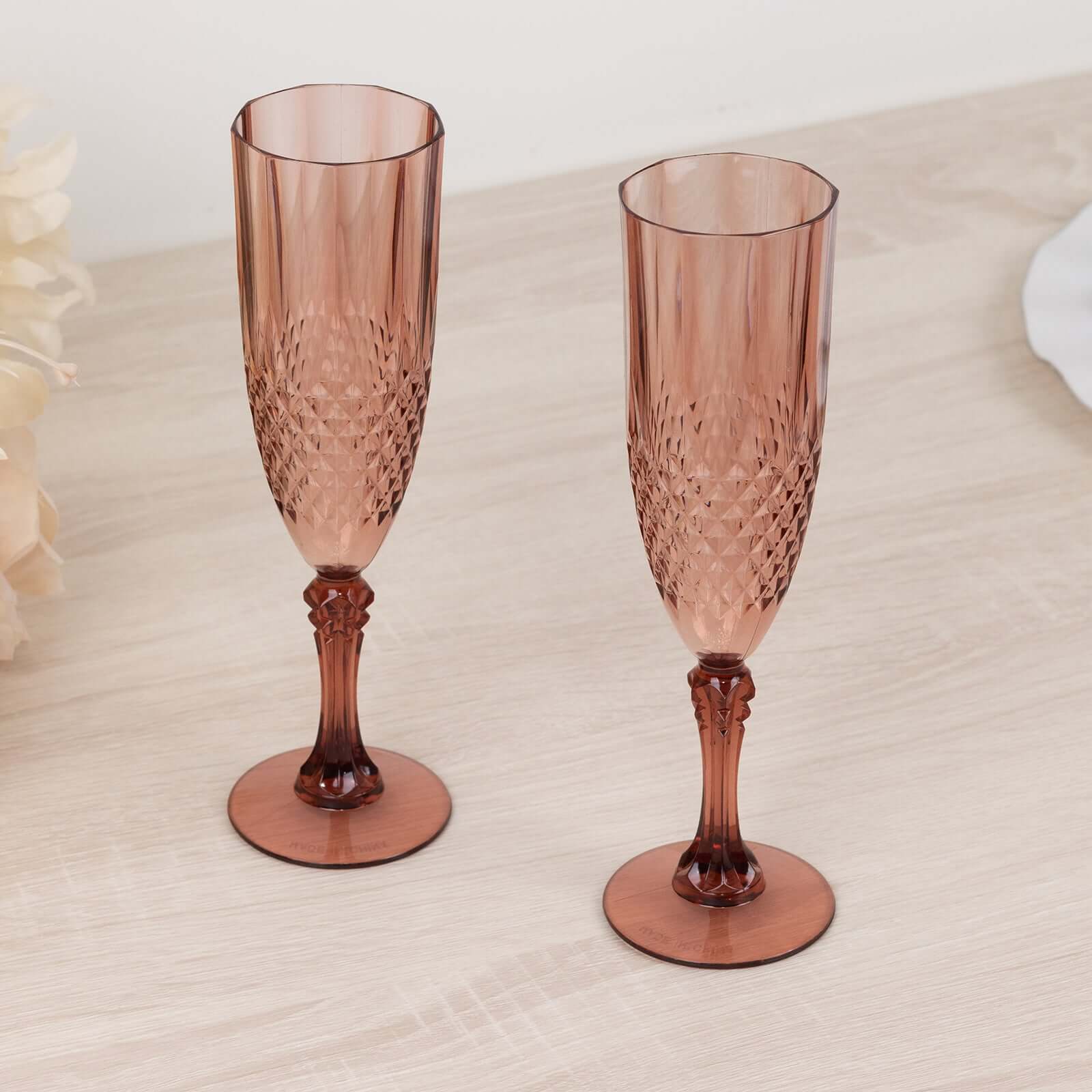 Hot Deal! 6-Pack Reusable 8oz Dusty Rose Plastic Champagne Toast Flutes with Crystal Cut Style