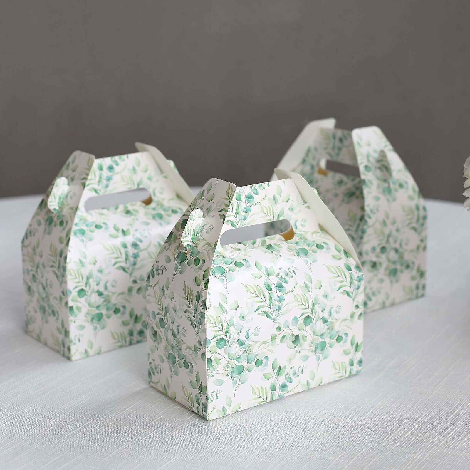25-Pack White and Green Eucalyptus Leaves Printed Tote Gable Party Favor Boxes, 6x3.5x7