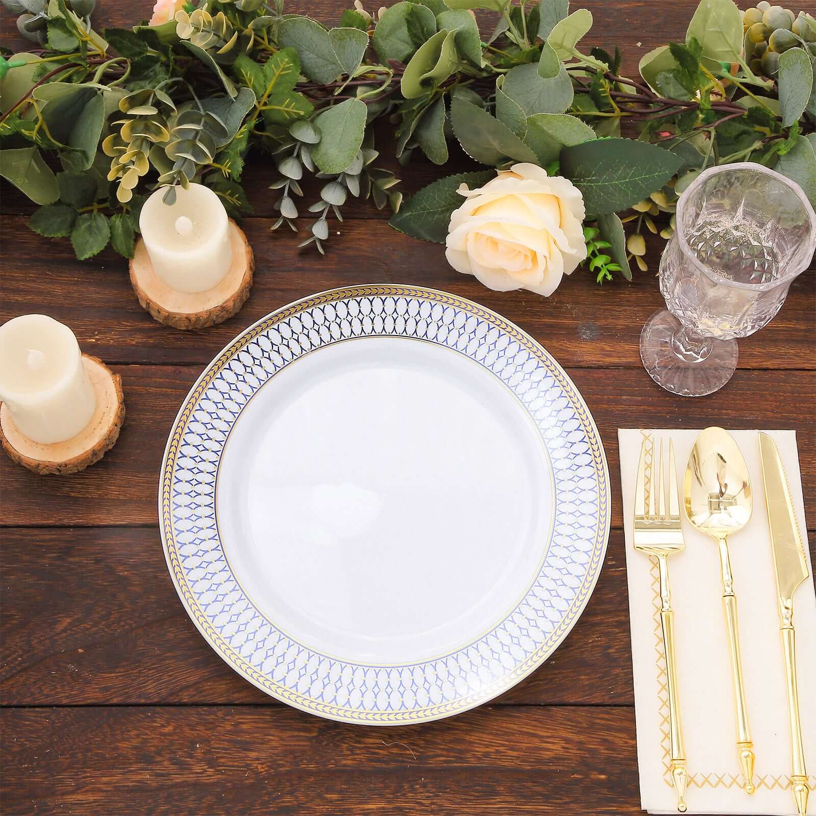 10-Pack White Disposable Dinner Plates with Gold and Navy Blue Chord Rim - Renaissance Style for Events