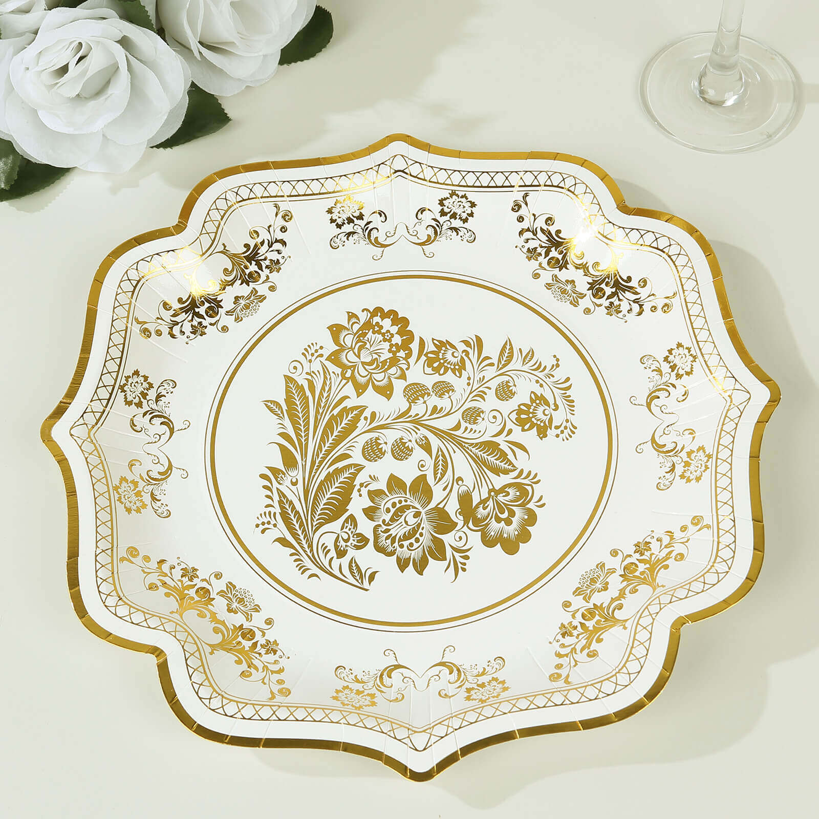 25-Piece Set of Elegant White and Gold Damask Floral Disposable Paper Dinner Plates, 10-Inch Size