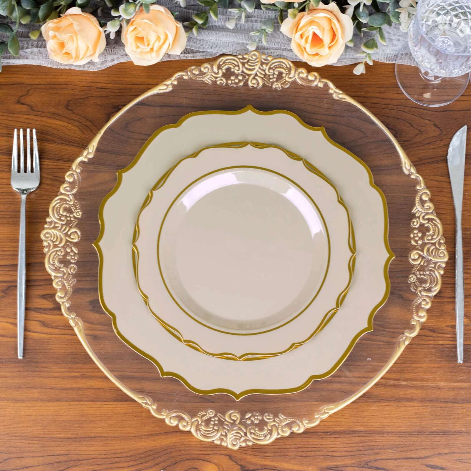 Hot Sale! 10-Piece Disposable Plastic Round Dinner Plates in Taupe with Gold Scalloped Rims
