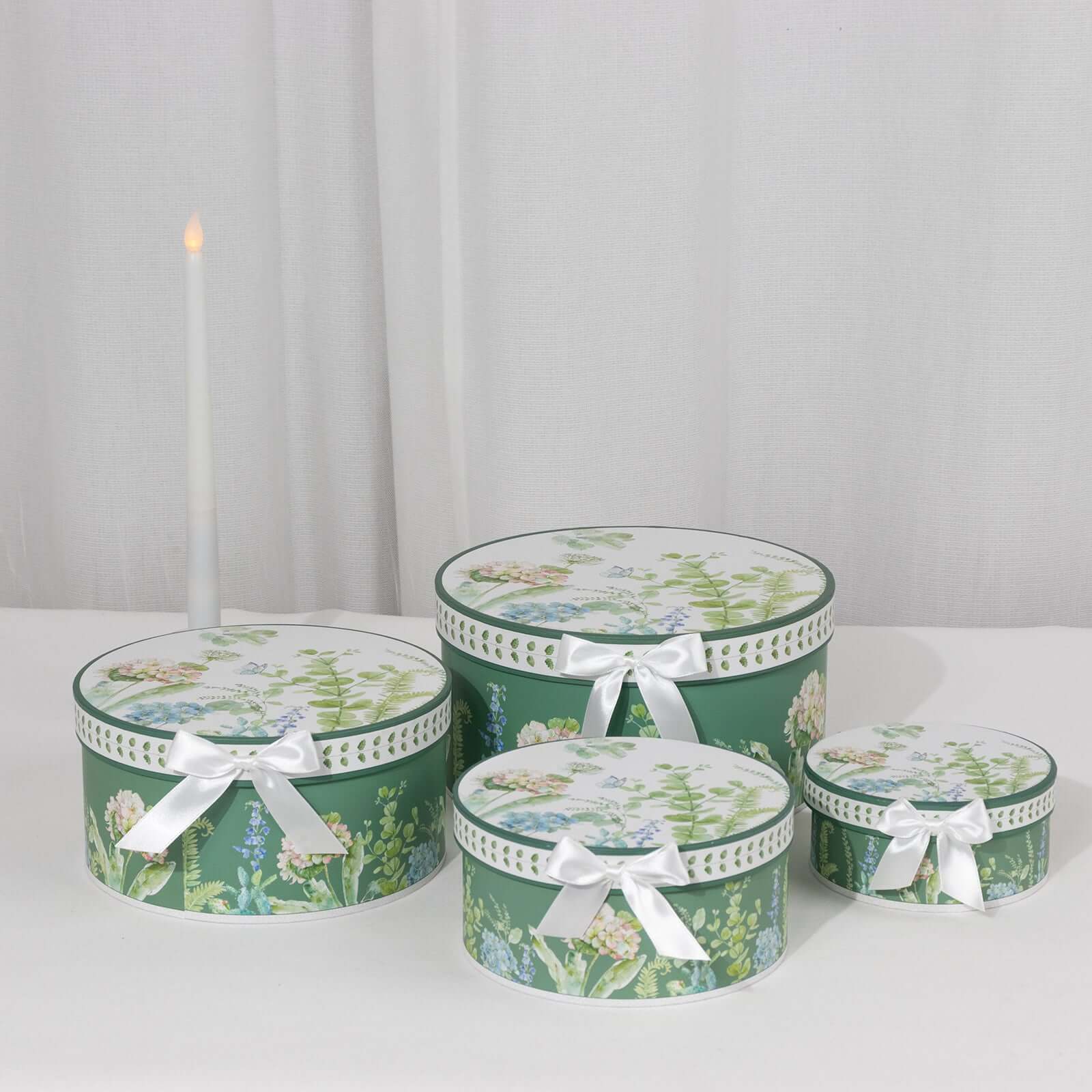 4-Piece Set of Greenery-Themed Cardstock Round Nesting Gift Boxes with Lids