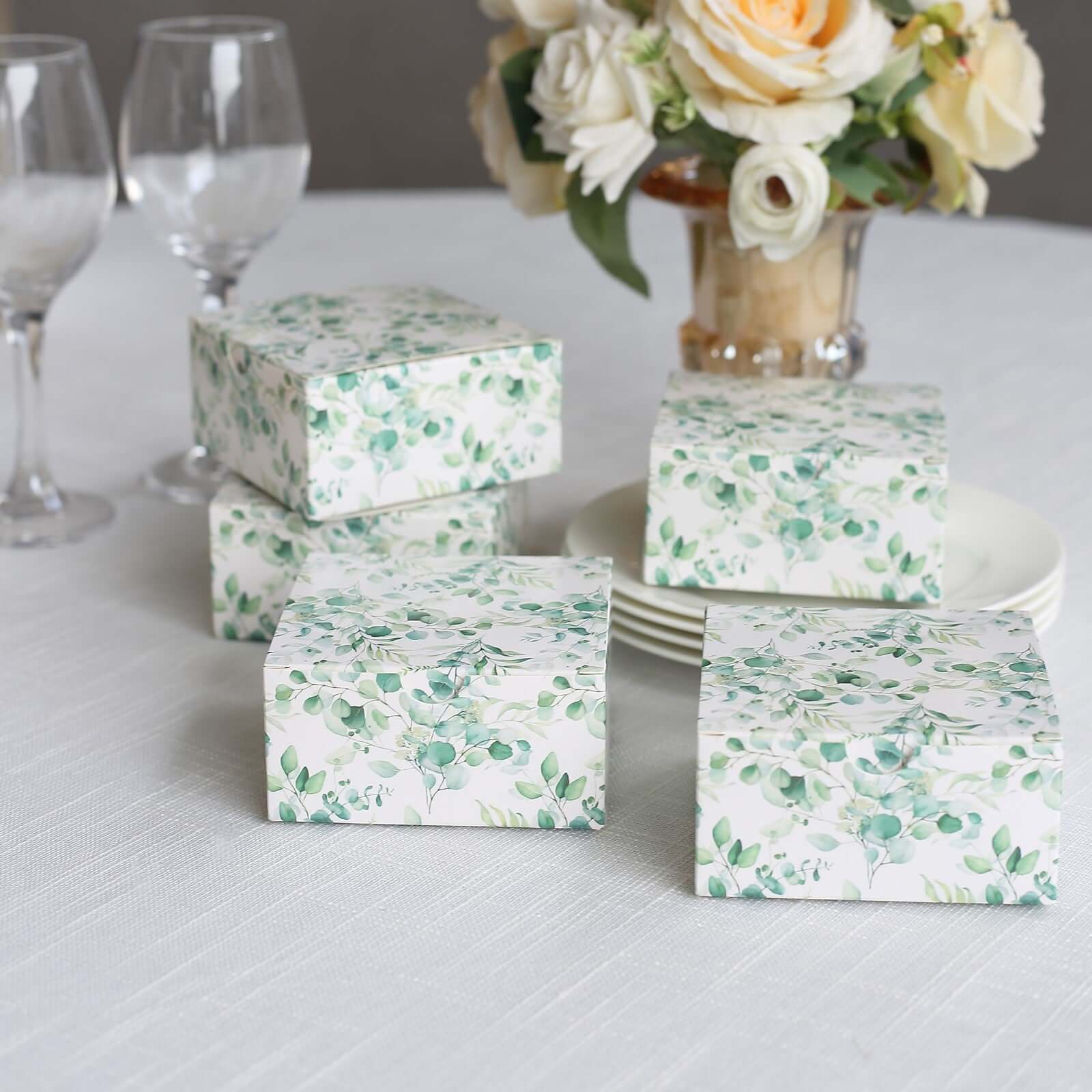 25-Pack White & Green Eucalyptus Print Cardstock Party Favor Boxes - 4x4x2, Ideal for Various Occasions