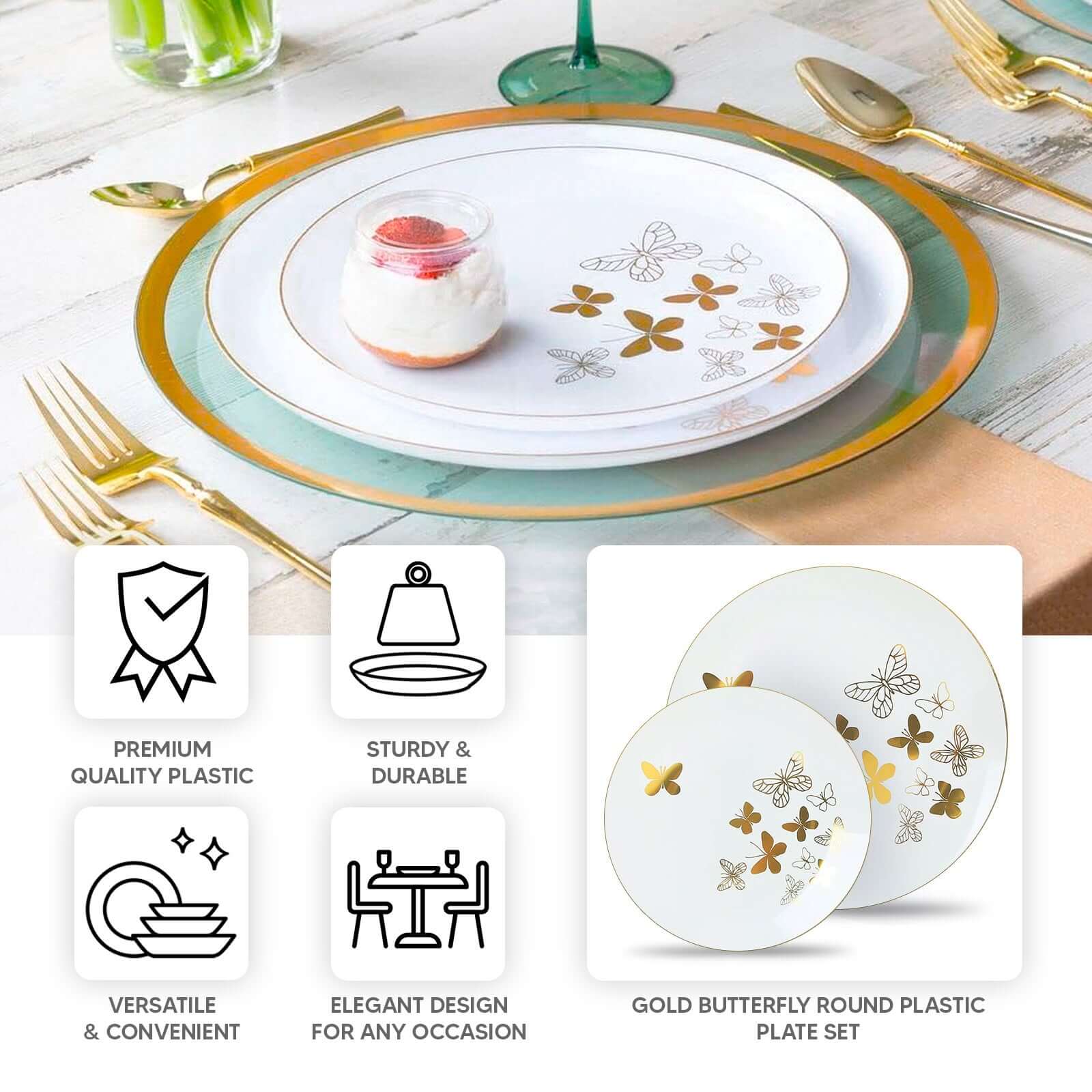 Get 20-Piece White Plastic Dinner & Salad Plates with Gold Butterfly Design & Rim - Ideal for Buffets & Events