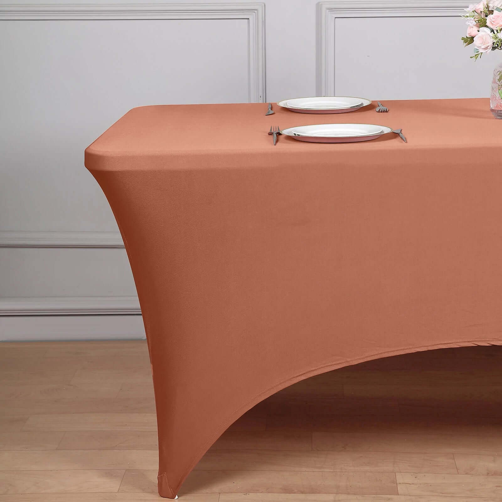 Hot Sale! Durable Form-Fitting Terracotta (Rust) Spandex Stretch Table Cover for 8ft Rectangular Tables
