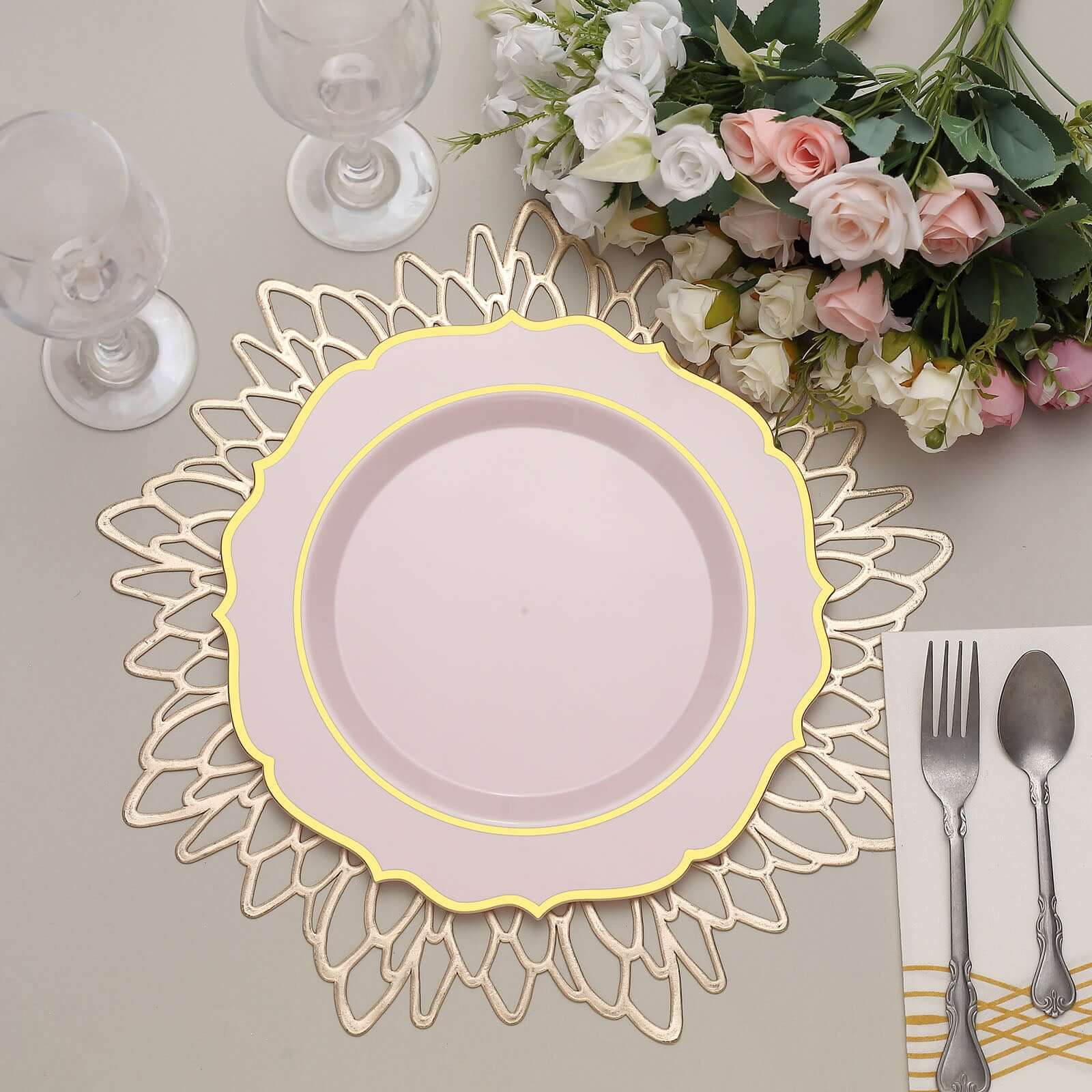 Hot Deal! 10-Pack Disposable Blush Plastic Dinner Plates with Gold Scalloped Rim