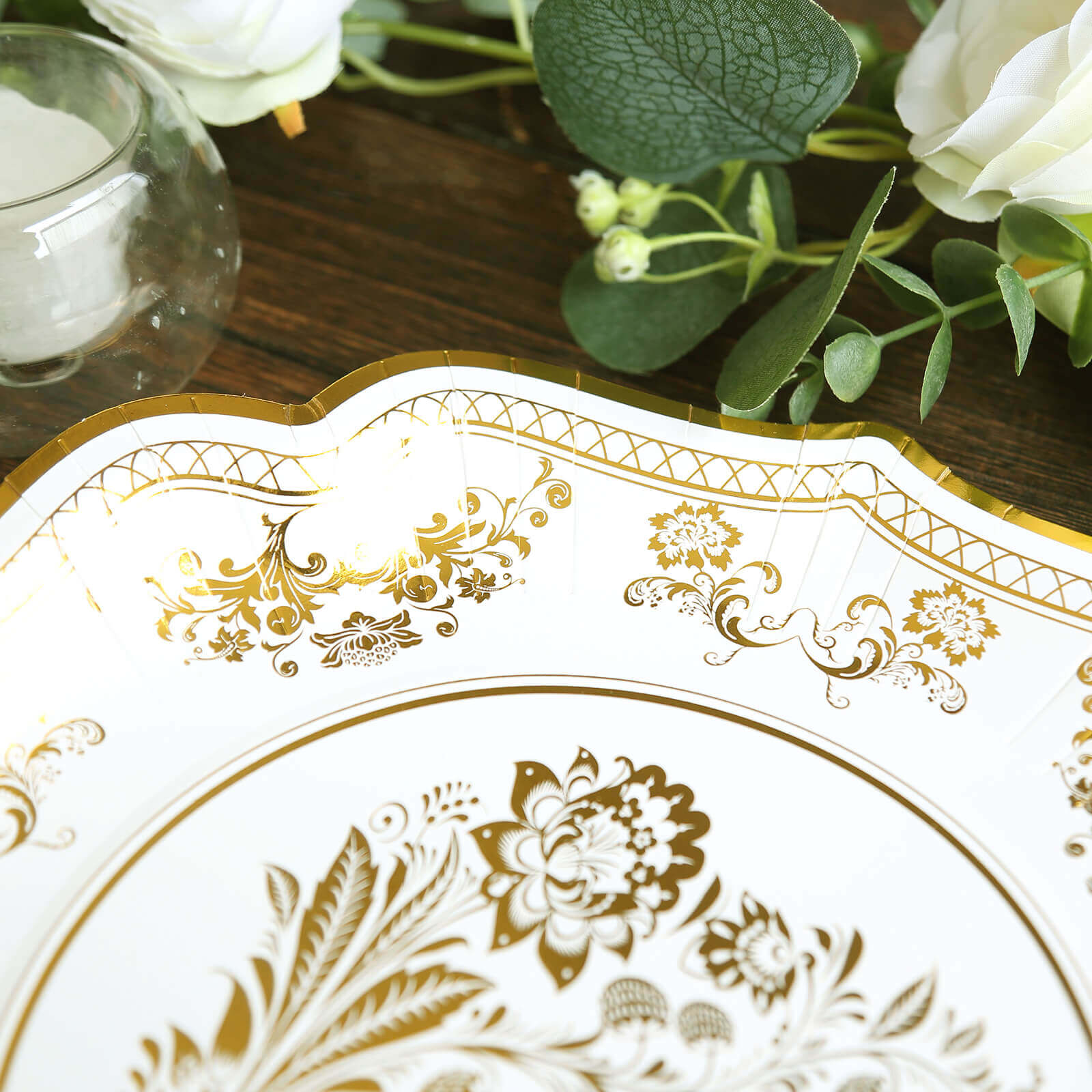 25-Piece Set of Elegant White and Gold Damask Floral Disposable Paper Dinner Plates, 10-Inch Size
