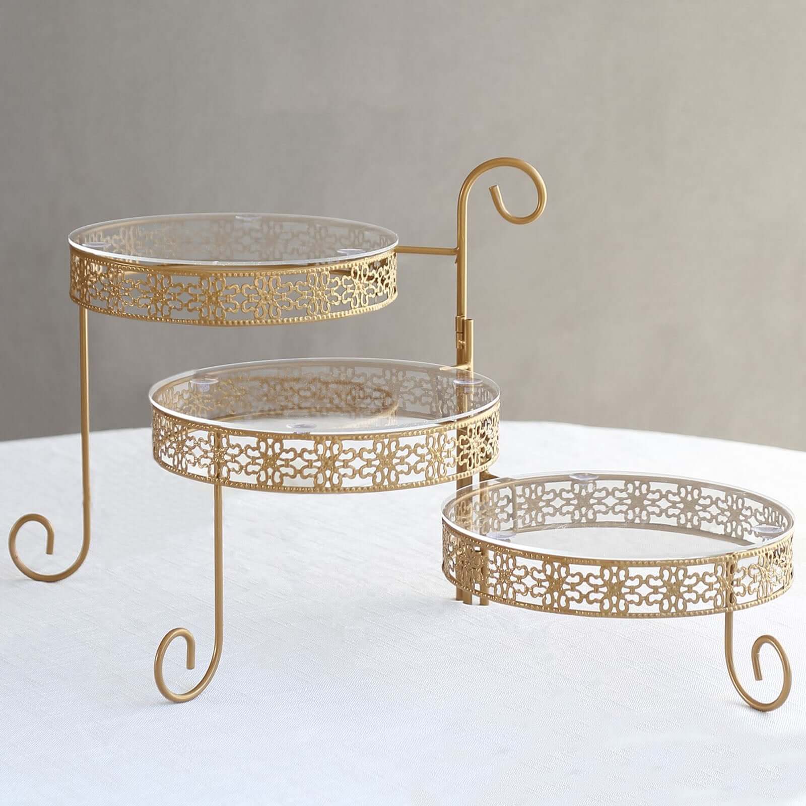 3-Tier Gold Metal Rotating Cupcake Stand with Clear Acrylic Plates - Hollow Lace Design