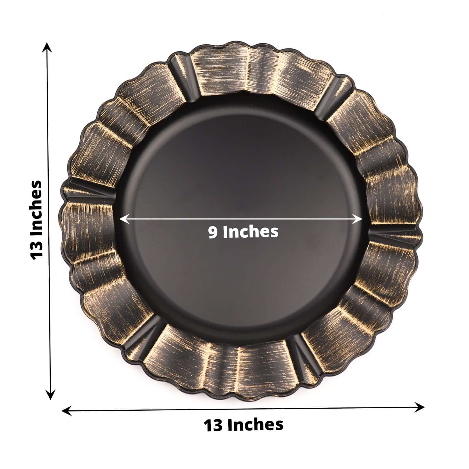 Hot Sale! 6-Piece Set of 13-Inch Matte Black Acrylic Plastic Round Charger Plates with Gold Brushed Wavy Scalloped Rim for Dinner Parties