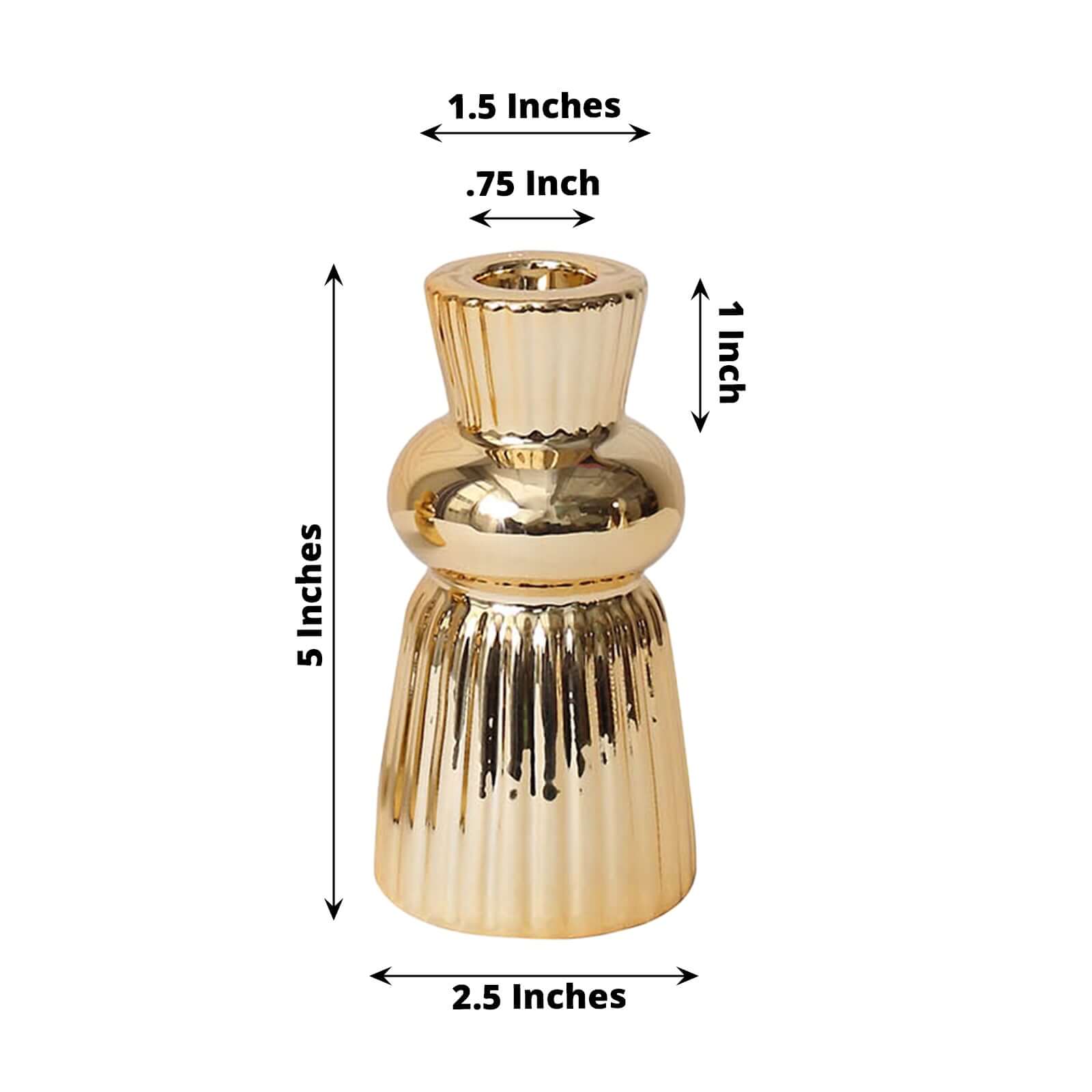 Set of 3 Metallic Gold Ceramic Taper Candle Holders with Fluted Ball Neck Design